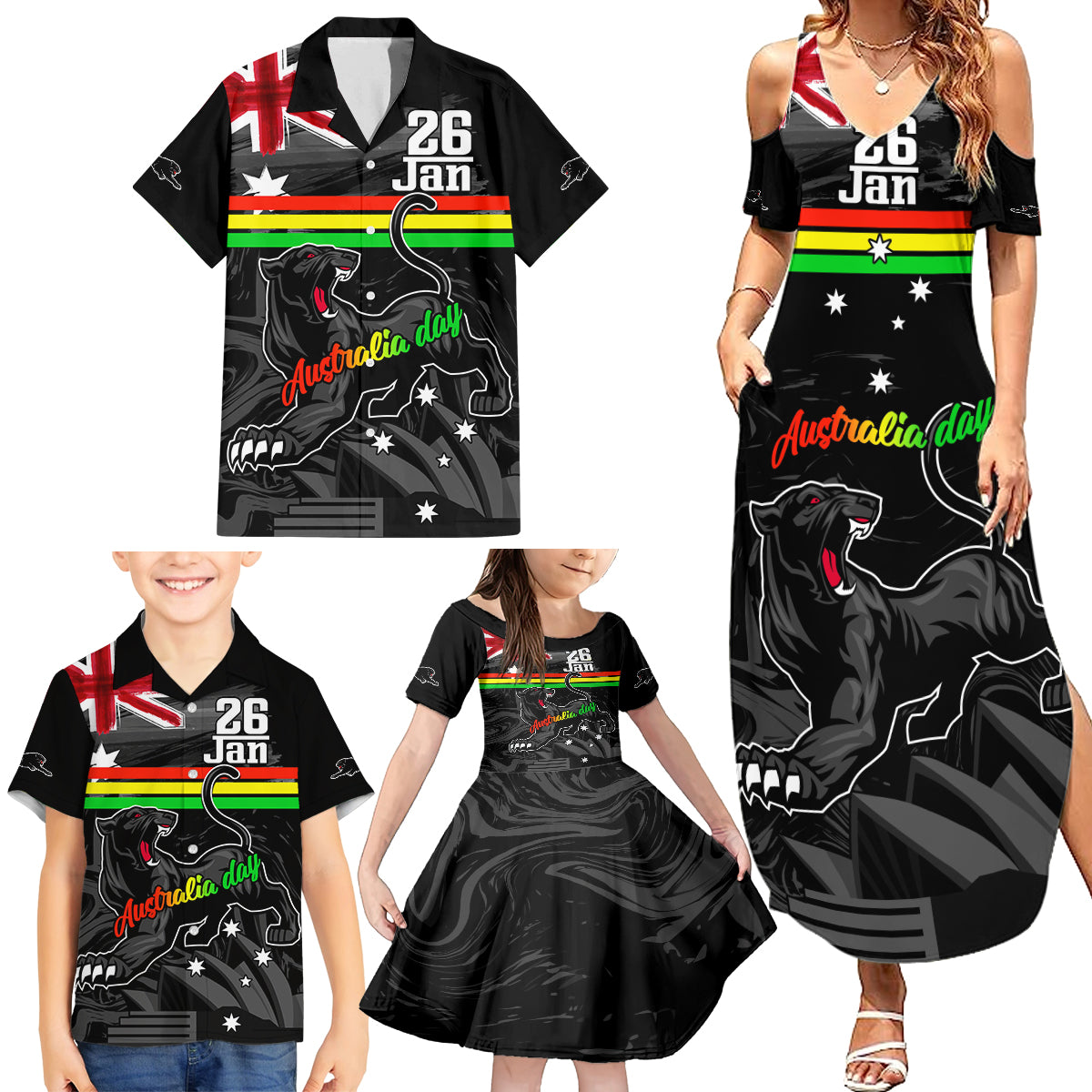 Personalised NRL Panthers Australia Day Family Matching Summer Maxi Dress and Hawaiian Shirt Proud Of Our Boys Black