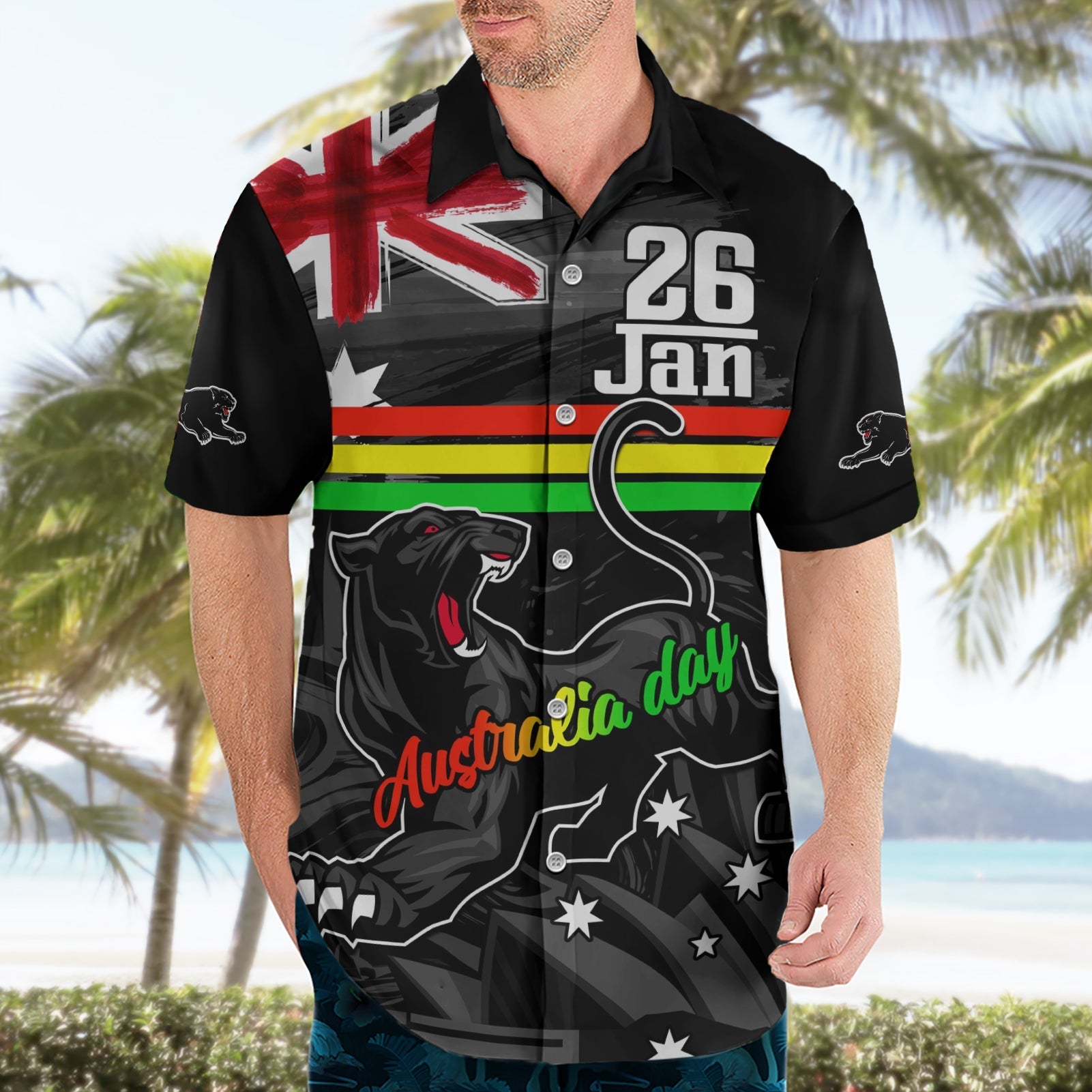 Personalised NRL Panthers Australia Day Hawaiian Shirt Proud Of Our Boys Black - Vibe Hoodie Shop