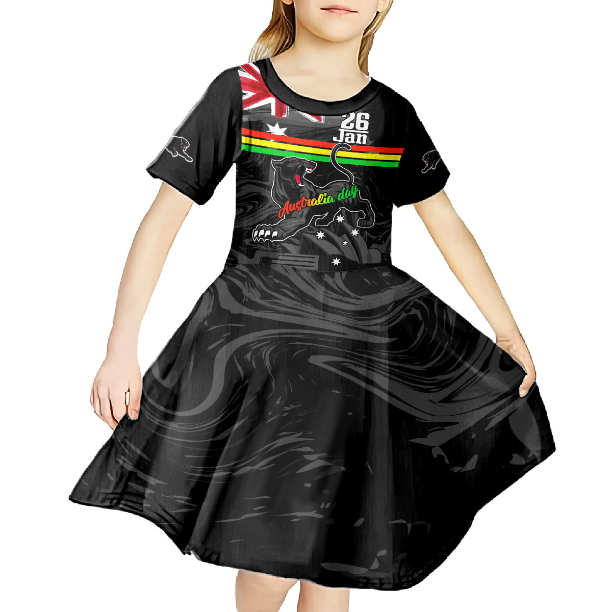 Personalised NRL Panthers Australia Day Kid Short Sleeve Dress Proud Of Our Boys Black - Vibe Hoodie Shop