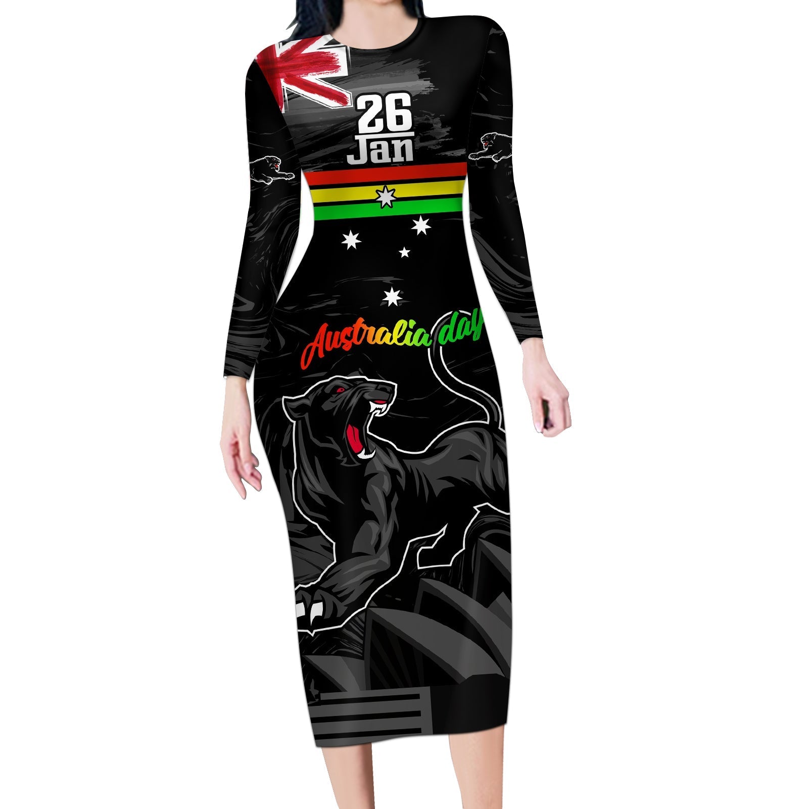 Personalised NRL Panthers Australia Day Long Sleeve Bodycon Dress Proud Of Our Boys Black