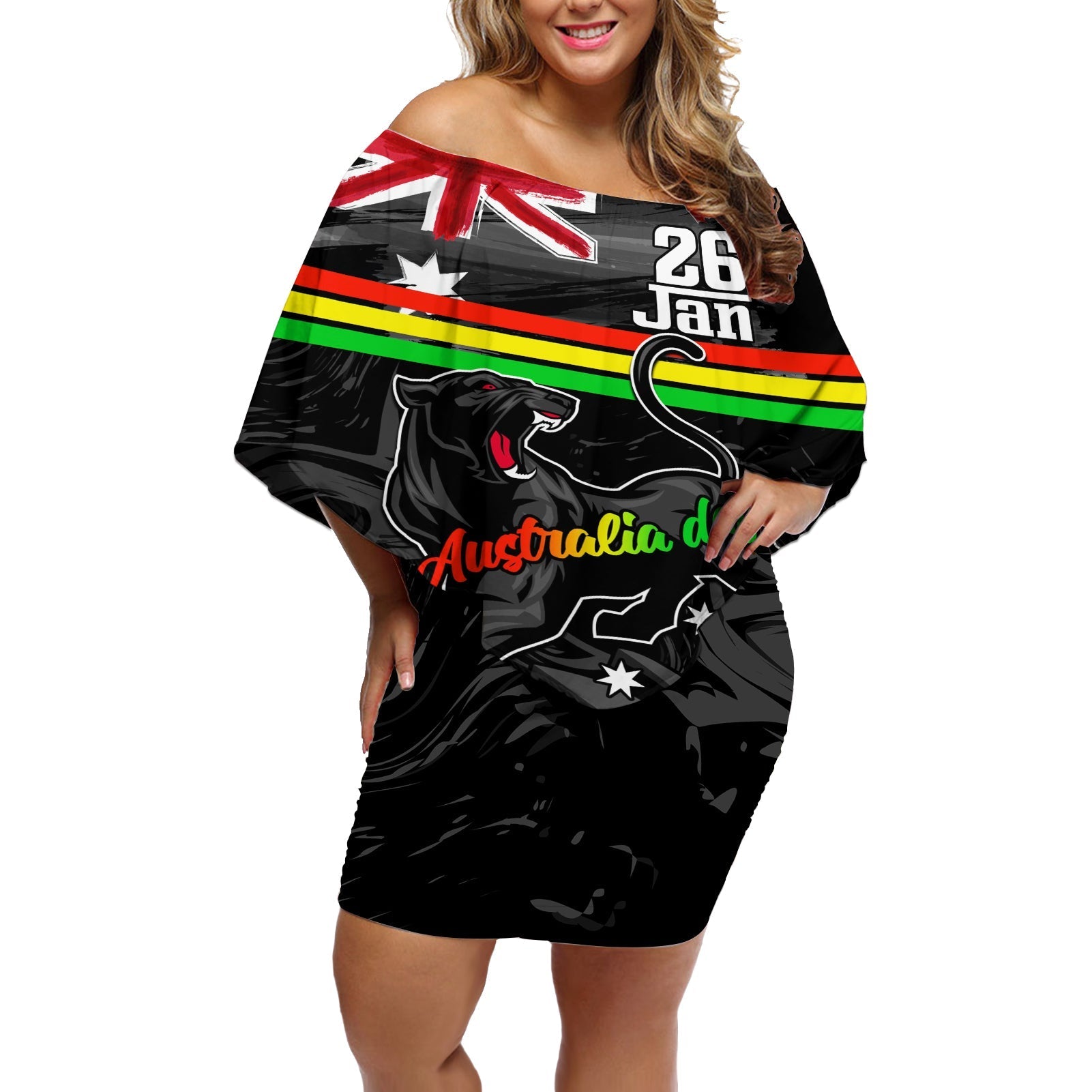 Personalised NRL Panthers Australia Day Off Shoulder Short Dress Proud Of Our Boys Black