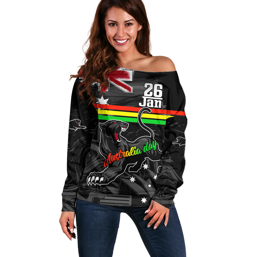 Personalised NRL Panthers Australia Day Off Shoulder Sweater Proud Of Our Boys Black - Vibe Hoodie Shop