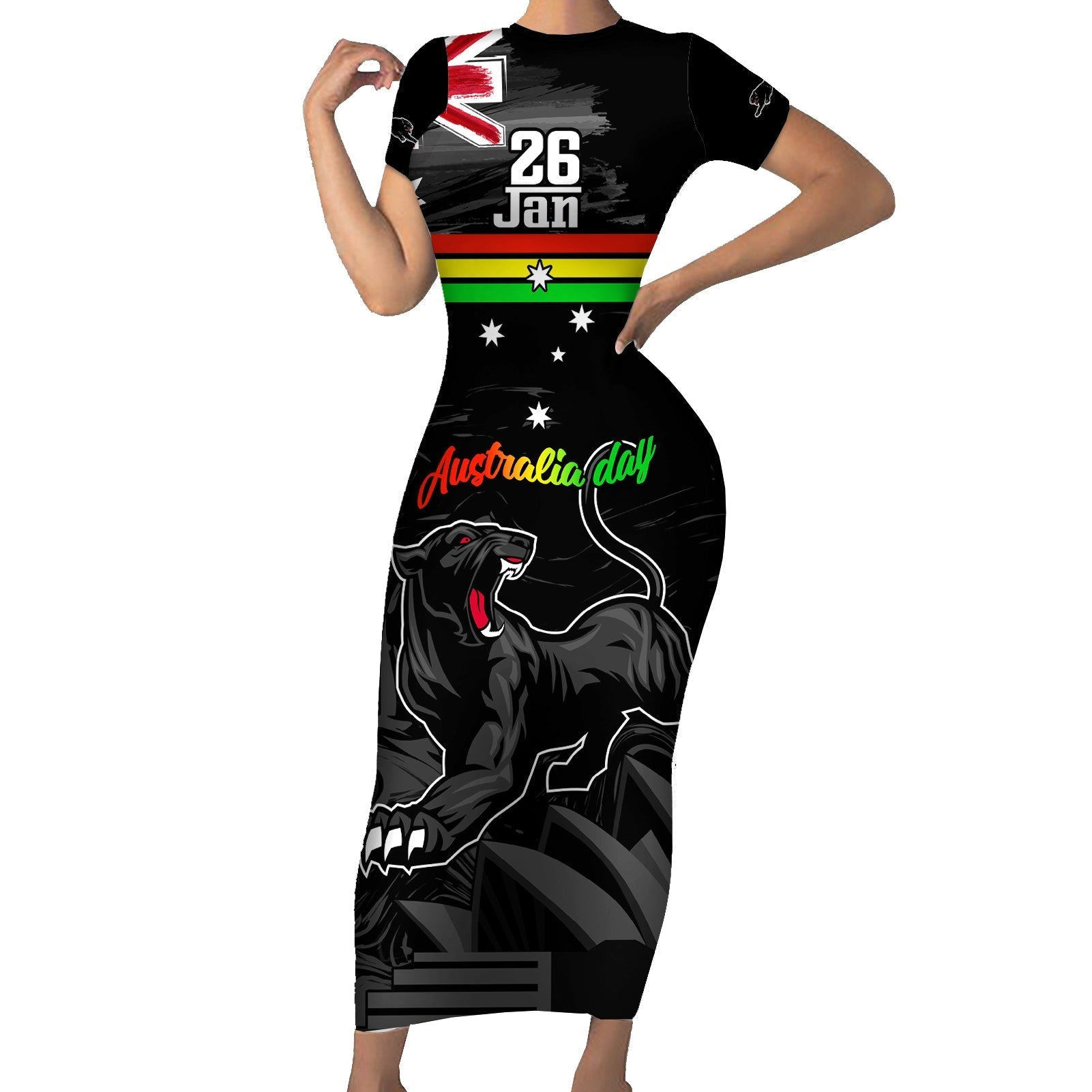 Personalised NRL Panthers Australia Day Short Sleeve Bodycon Dress Proud Of Our Boys Black