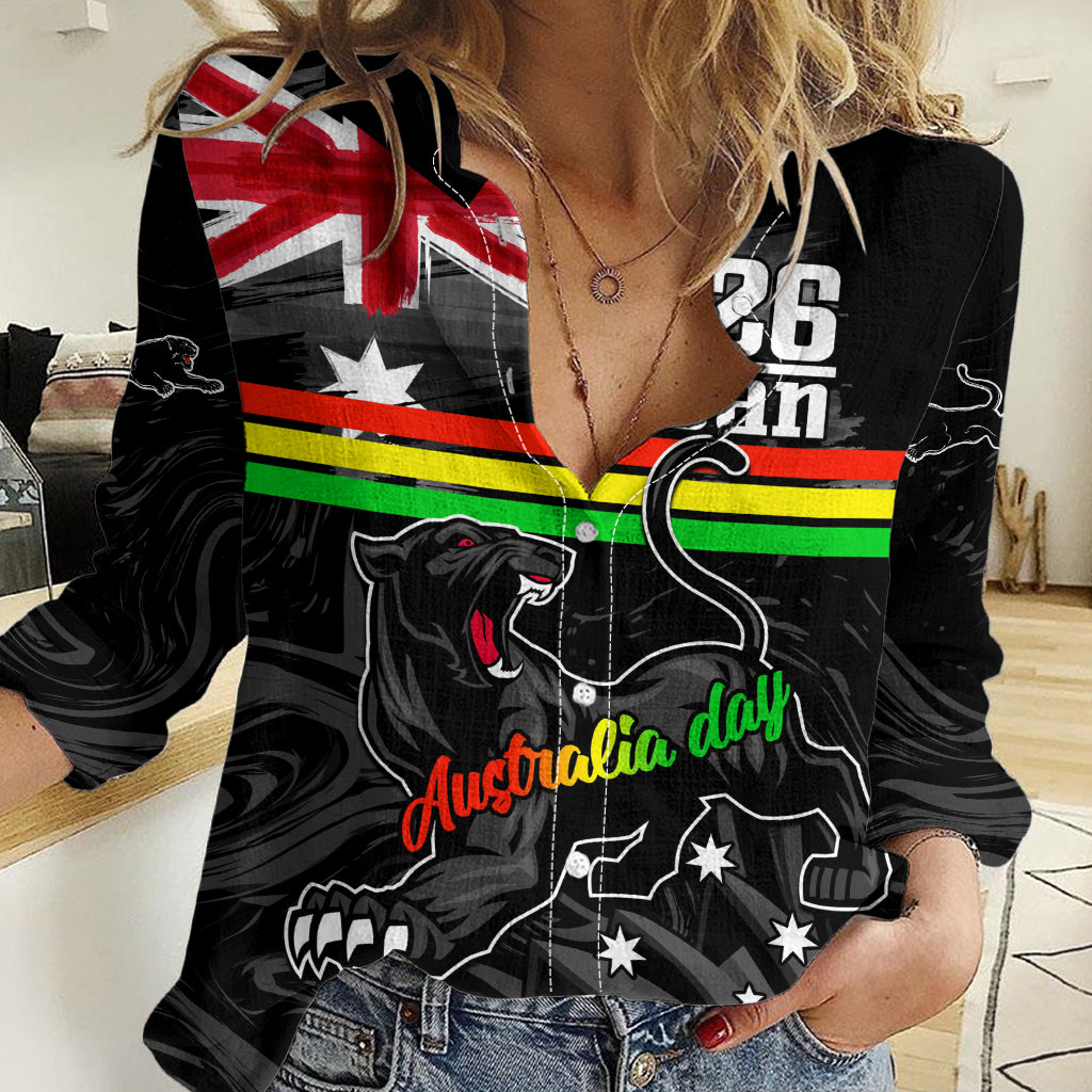 Personalised NRL Panthers Australia Day Women Casual Shirt Proud Of Our Boys Black - Vibe Hoodie Shop