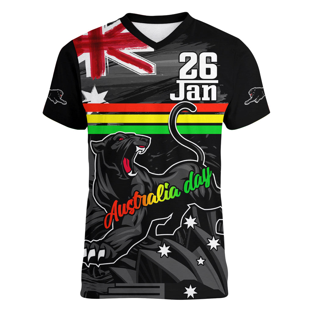 Personalised NRL Panthers Australia Day Women V Neck T Shirt Proud Of Our Boys Black - Vibe Hoodie Shop