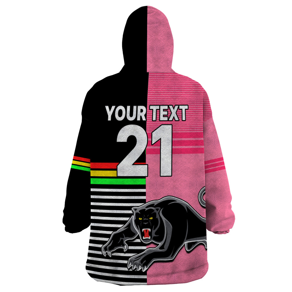 (Custom Text And Number) Penrith Panthers Rugby Wearable Blanket Hoodie Proud The Panthers Comeback Black and Pink - Vibe Hoodie Shop