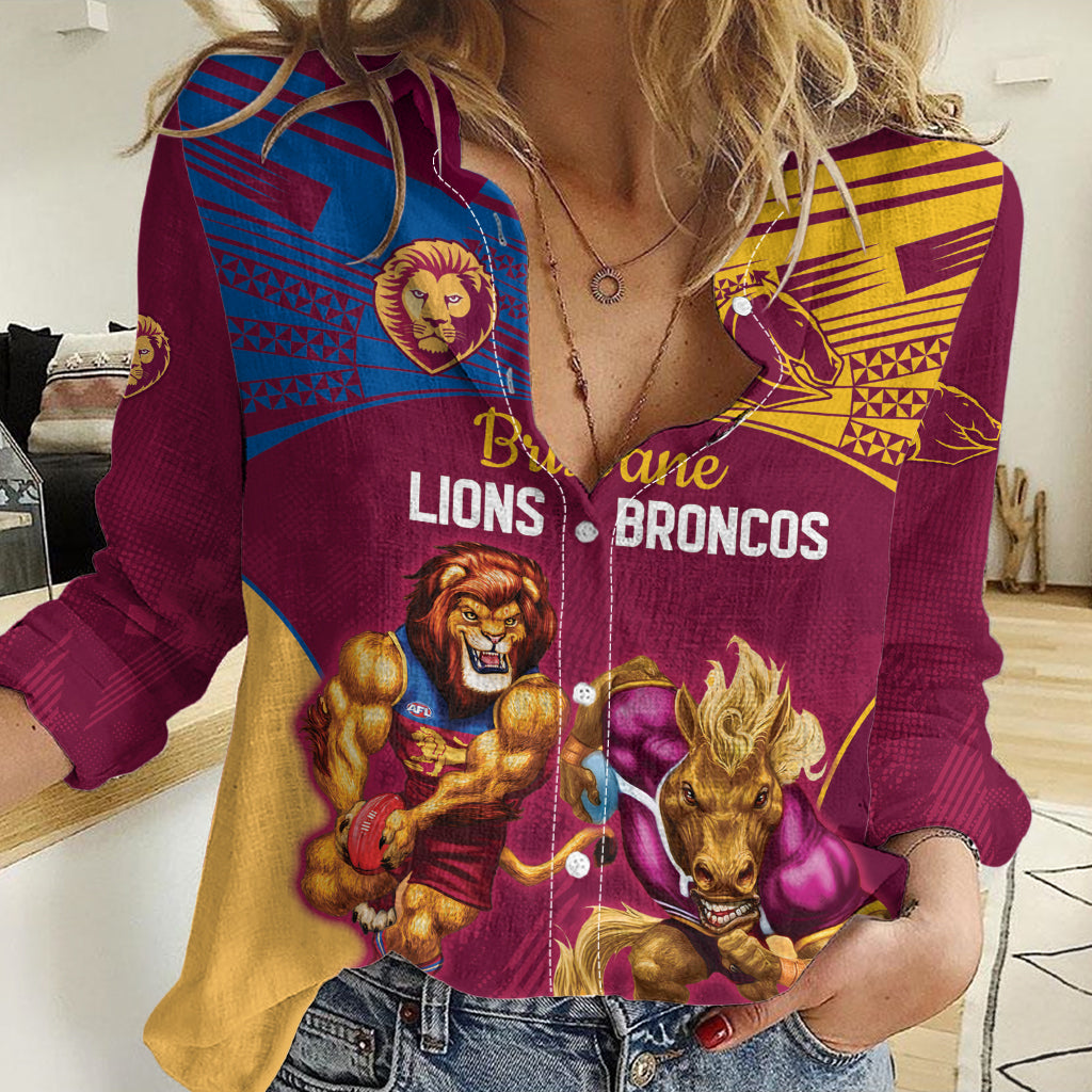 Custom Brisbane Broncos and Lions Women Casual Shirt Together Sporty Style - Vibe Hoodie Shop