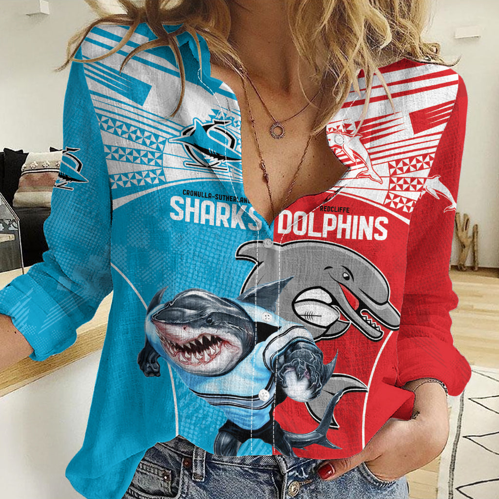 Custom Dolphins and Shark Women Casual Shirt Together Sporty Style - Vibe Hoodie Shop