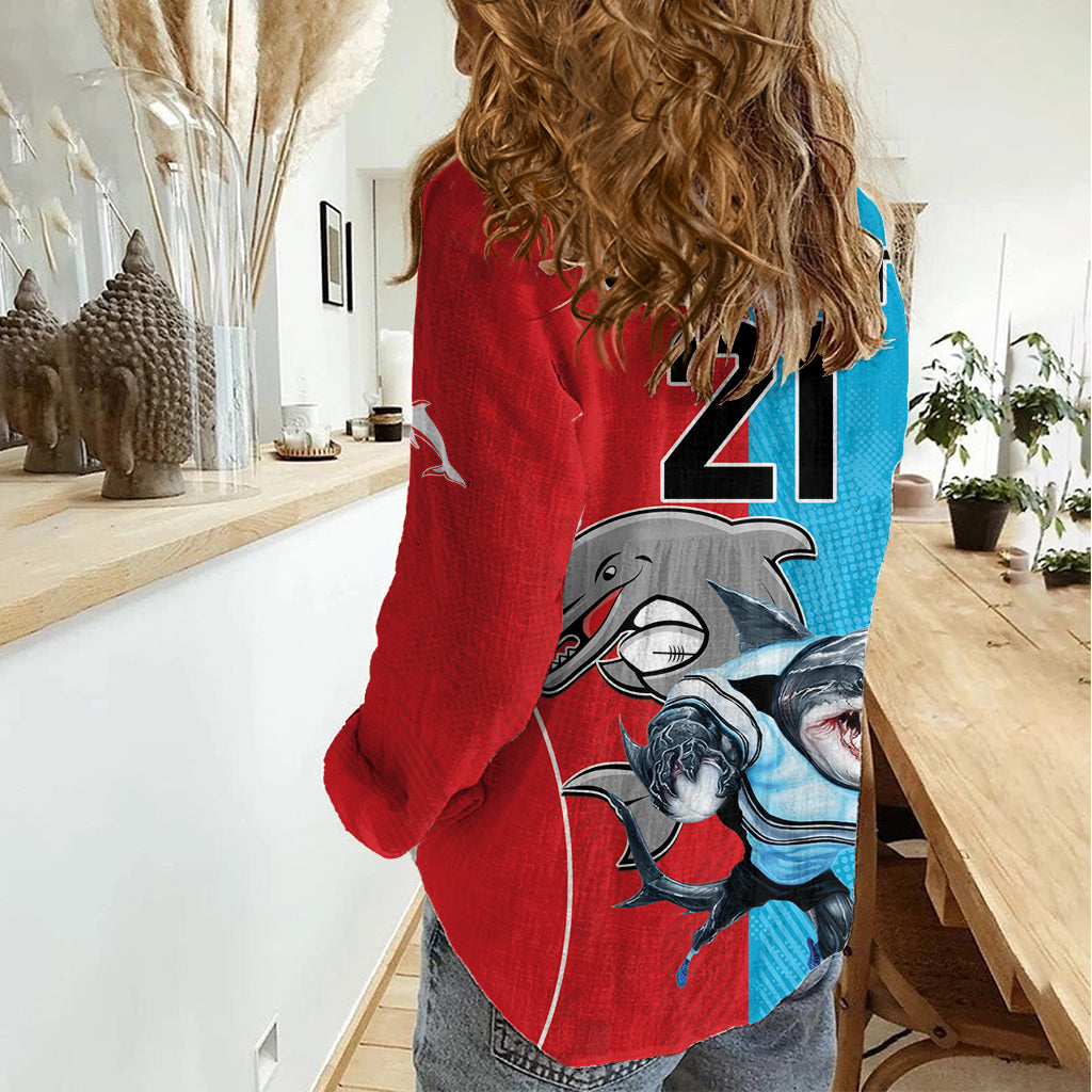 Custom Dolphins and Shark Women Casual Shirt Together Sporty Style - Vibe Hoodie Shop