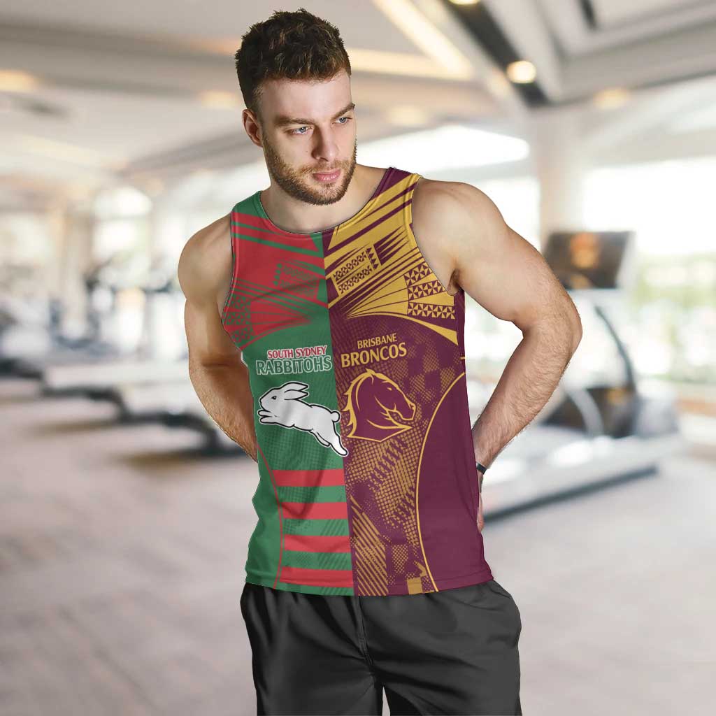 Custom NRL Rabbitohs and Broncos Men Tank Top Sporty Style - Vibe Hoodie Shop