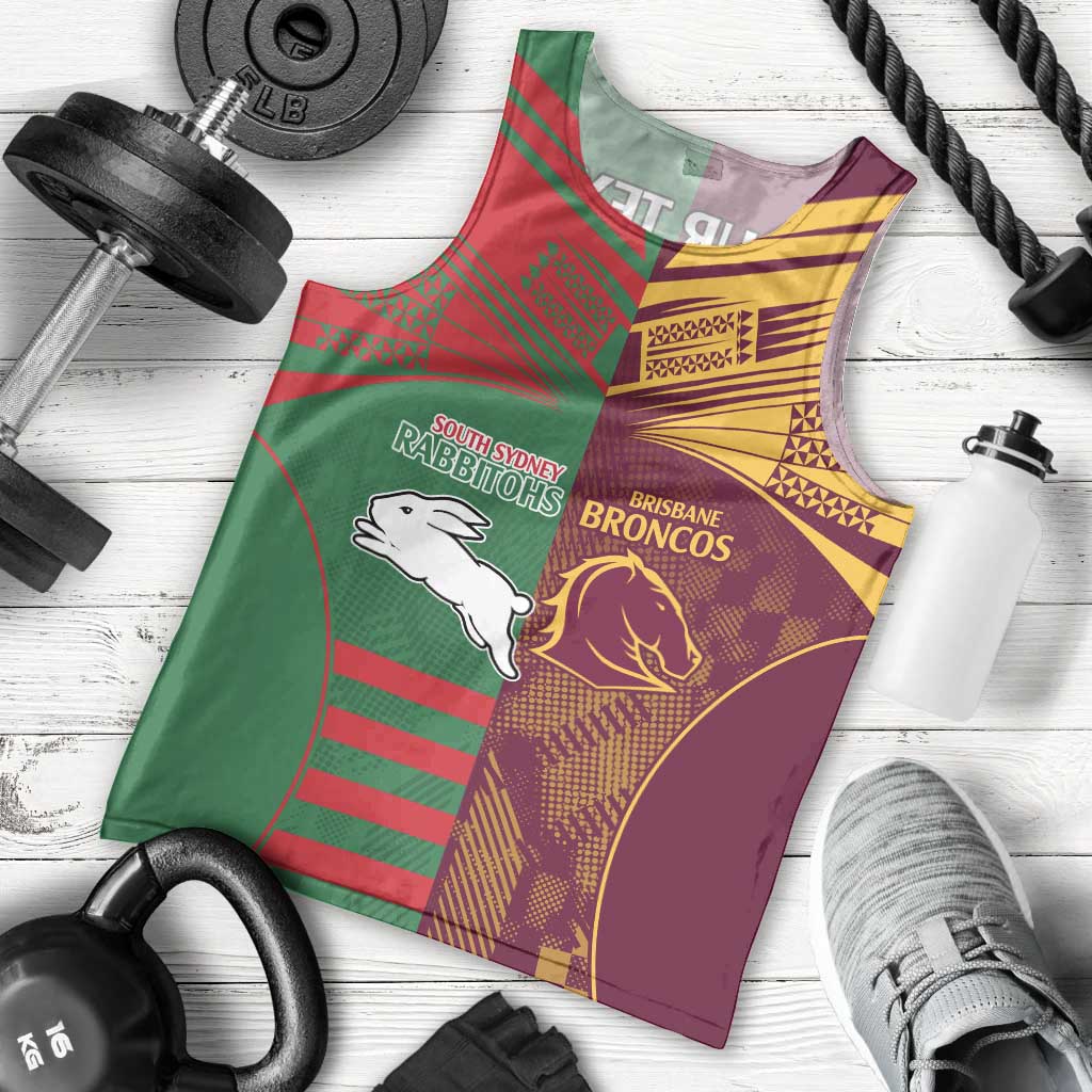 Custom NRL Rabbitohs and Broncos Men Tank Top Sporty Style - Vibe Hoodie Shop