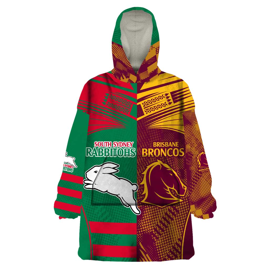 Custom NRL Rabbitohs and Broncos Wearable Blanket Hoodie Sporty Style - Vibe Hoodie Shop