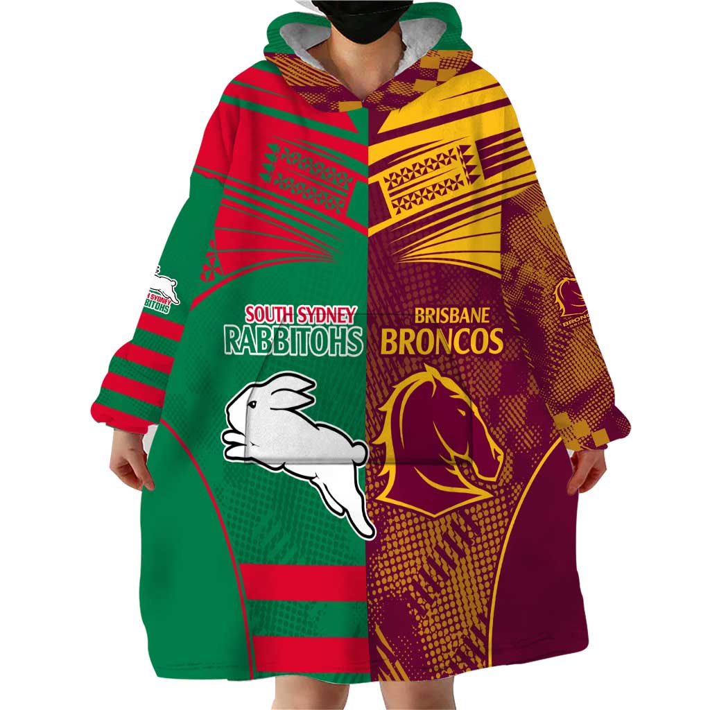 Custom NRL Rabbitohs and Broncos Wearable Blanket Hoodie Sporty Style - Vibe Hoodie Shop