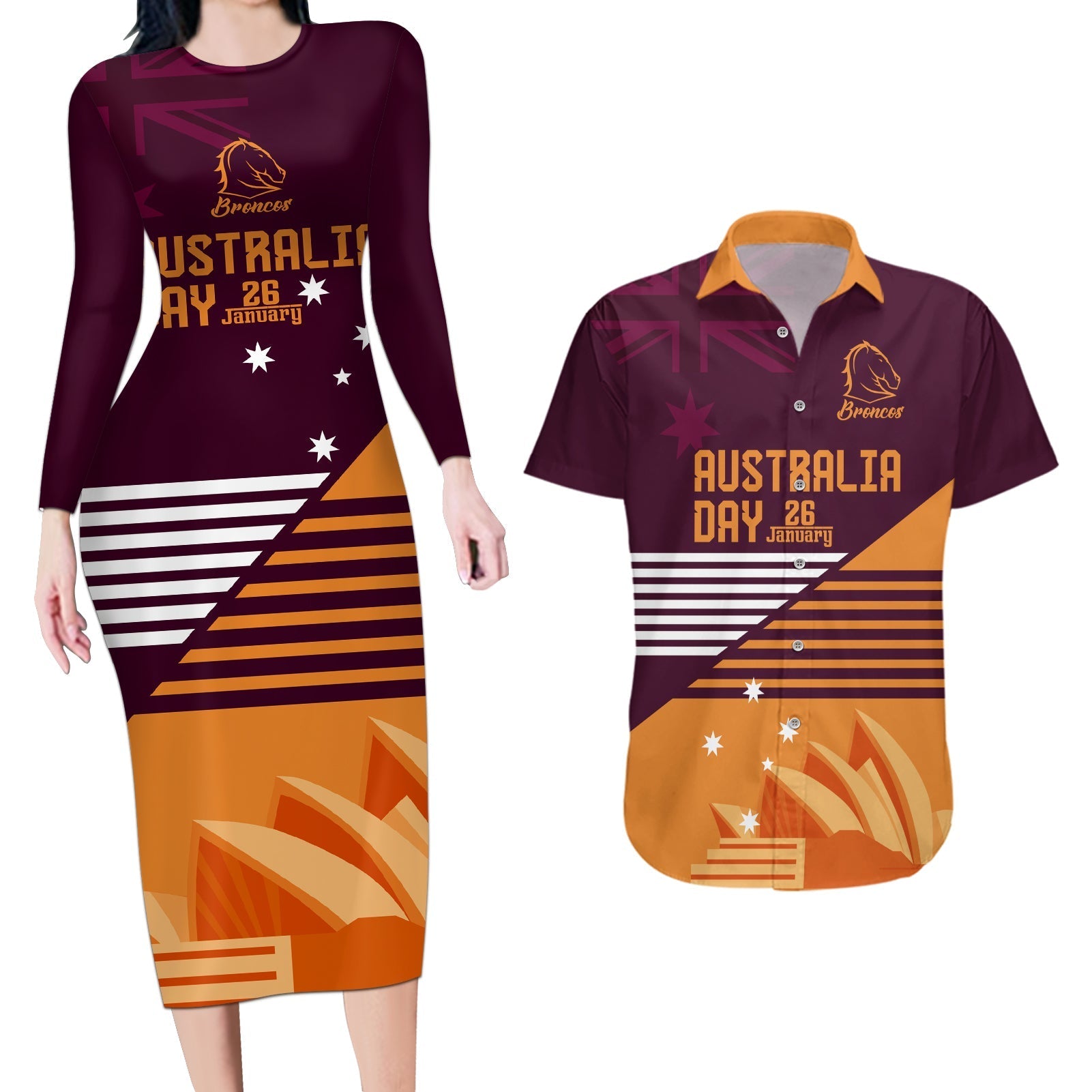 NRL Broncos Australia Day Custom Couples Matching Long Sleeve Bodycon Dress and Hawaiian Shirt Sydney Opera House Style