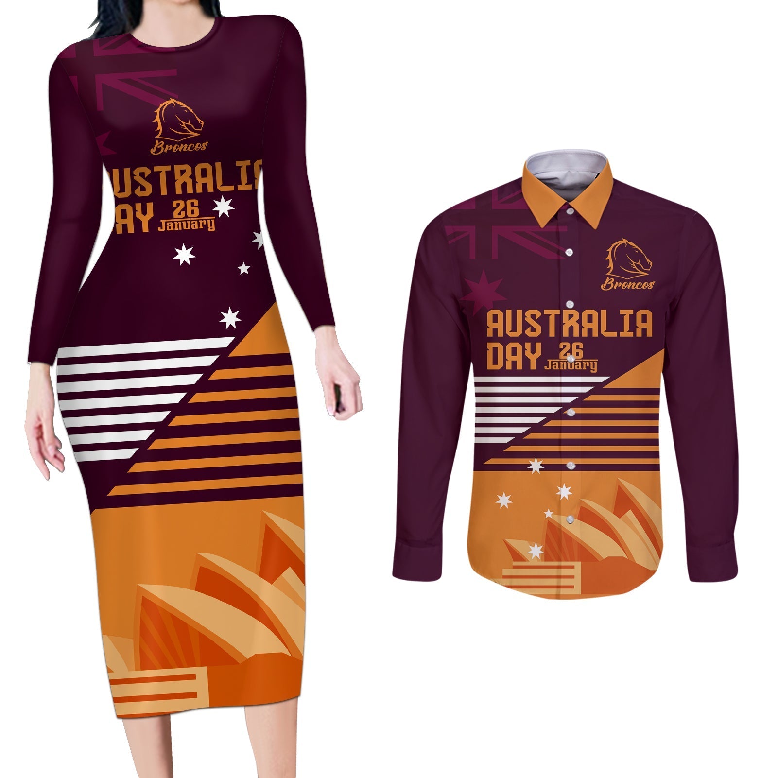 NRL Broncos Australia Day Custom Couples Matching Long Sleeve Bodycon Dress and Long Sleeve Button Shirt Sydney Opera House Style