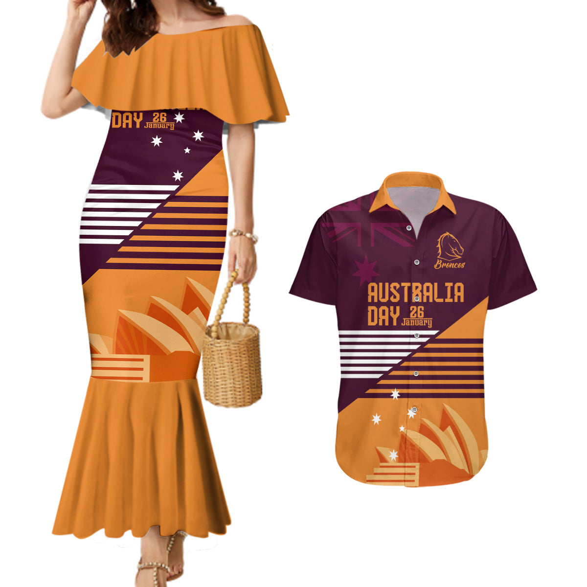 NRL Broncos Australia Day Custom Couples Matching Mermaid Dress and Hawaiian Shirt Sydney Opera House Style