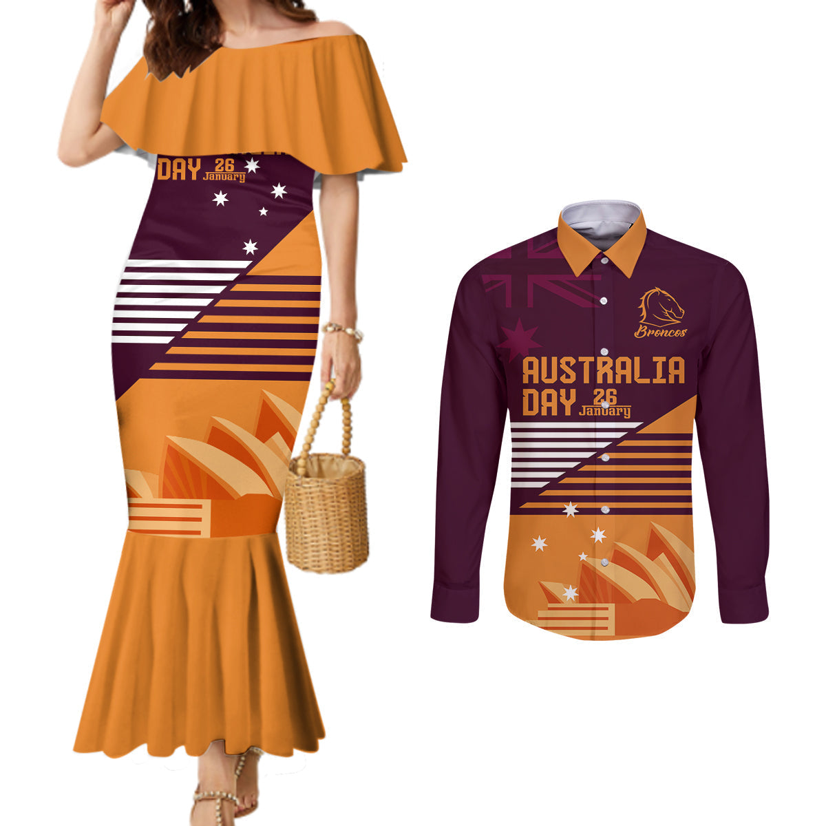 NRL Broncos Australia Day Custom Couples Matching Mermaid Dress and Long Sleeve Button Shirt Sydney Opera House Style