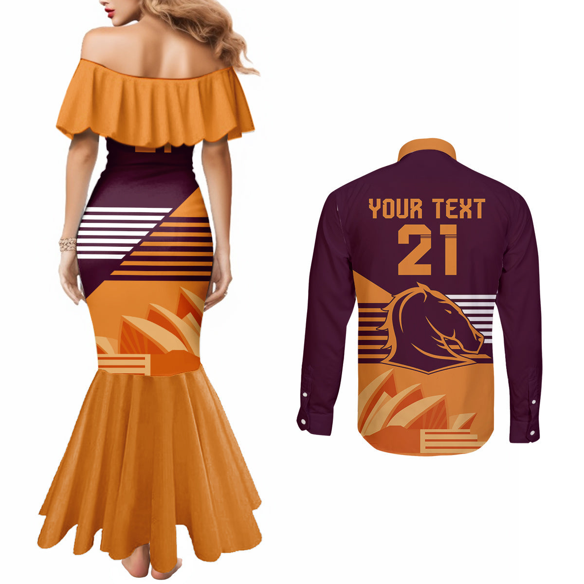 NRL Broncos Australia Day Custom Couples Matching Mermaid Dress and Long Sleeve Button Shirt Sydney Opera House Style