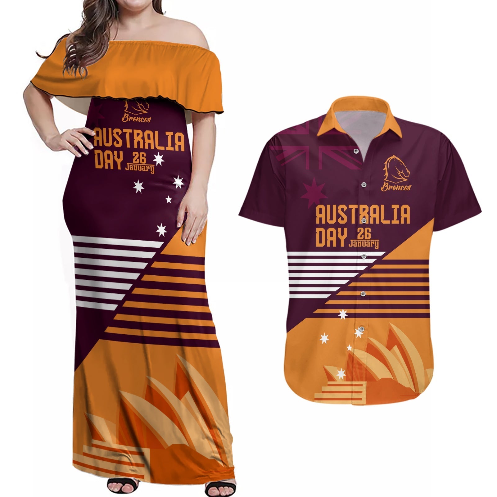 NRL Broncos Australia Day Custom Couples Matching Off Shoulder Maxi Dress and Hawaiian Shirt Sydney Opera House Style