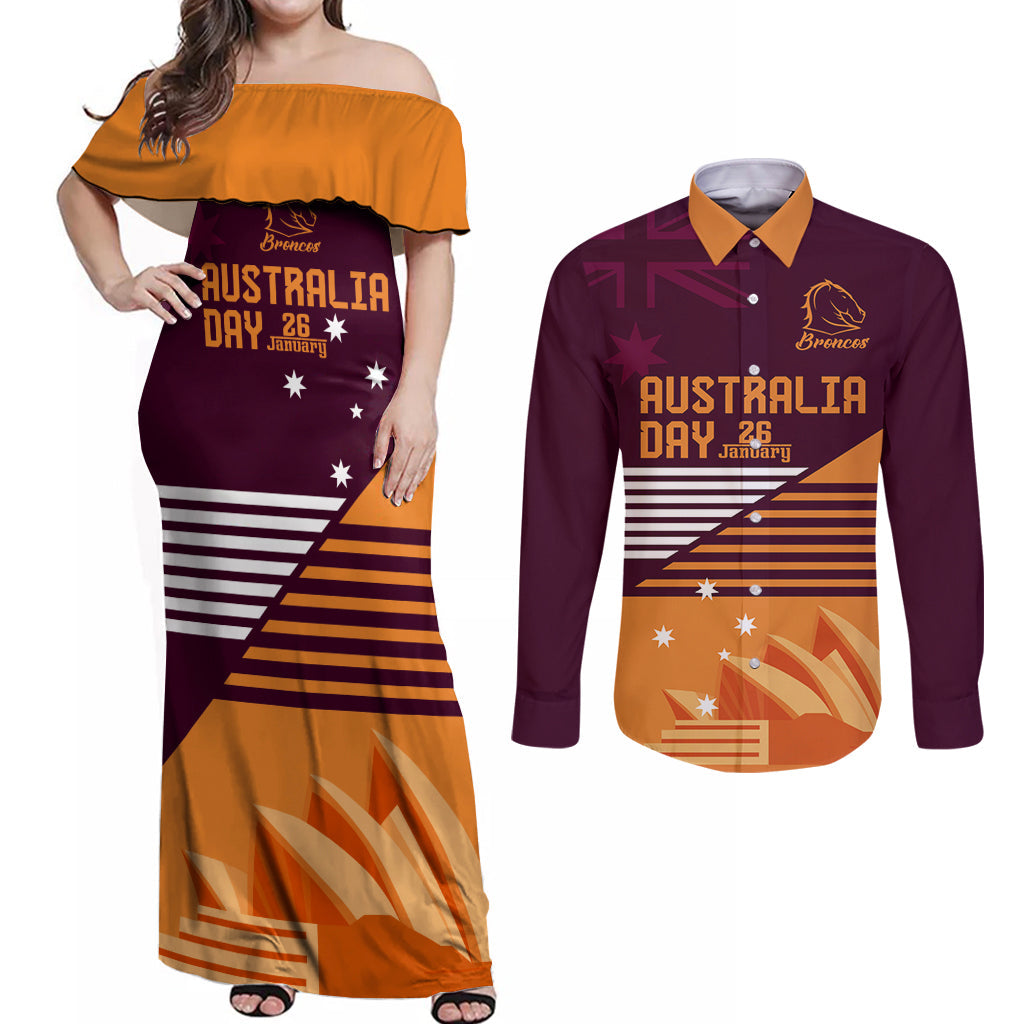 NRL Broncos Australia Day Custom Couples Matching Off Shoulder Maxi Dress and Long Sleeve Button Shirt Sydney Opera House Style