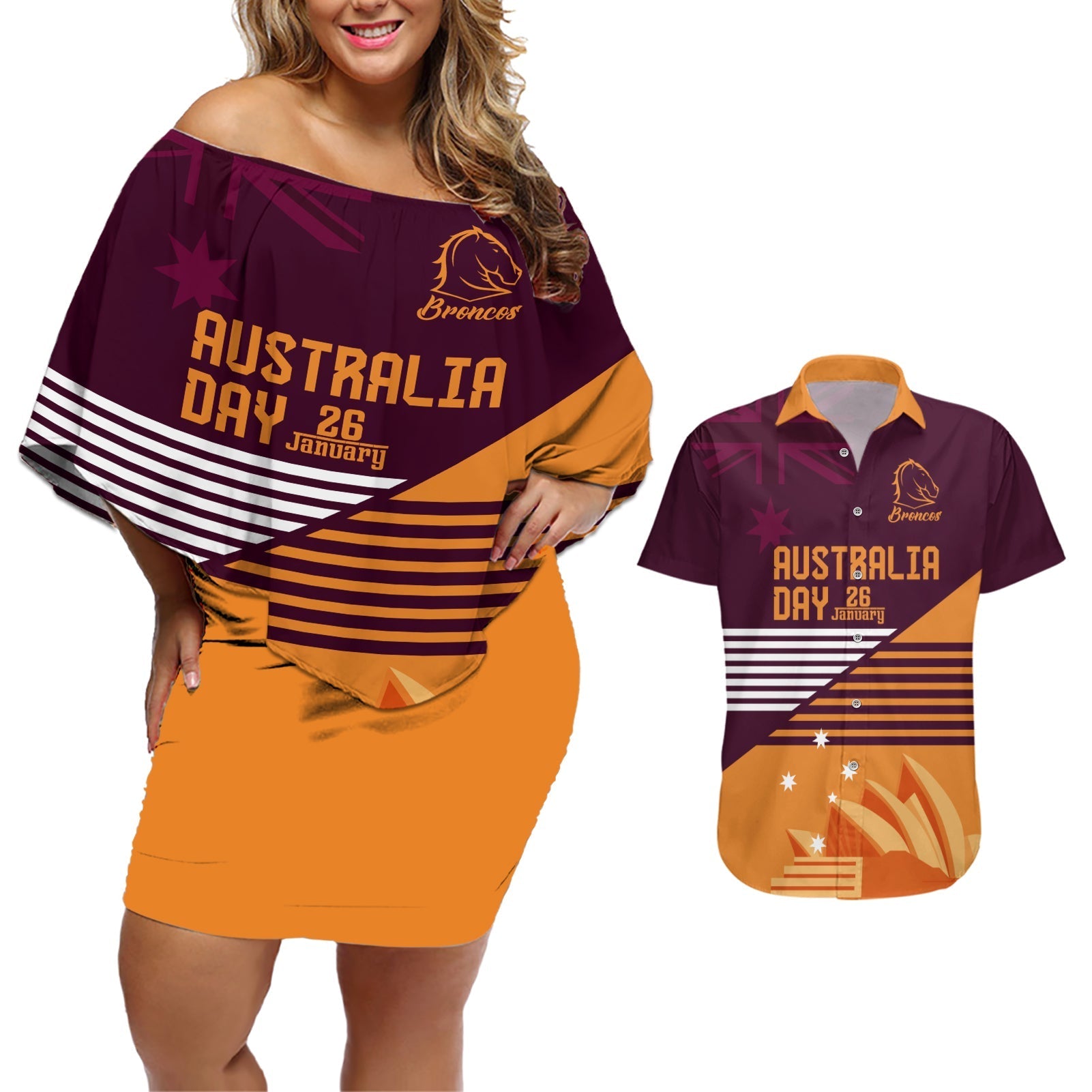 NRL Broncos Australia Day Custom Couples Matching Off Shoulder Short Dress and Hawaiian Shirt Sydney Opera House Style