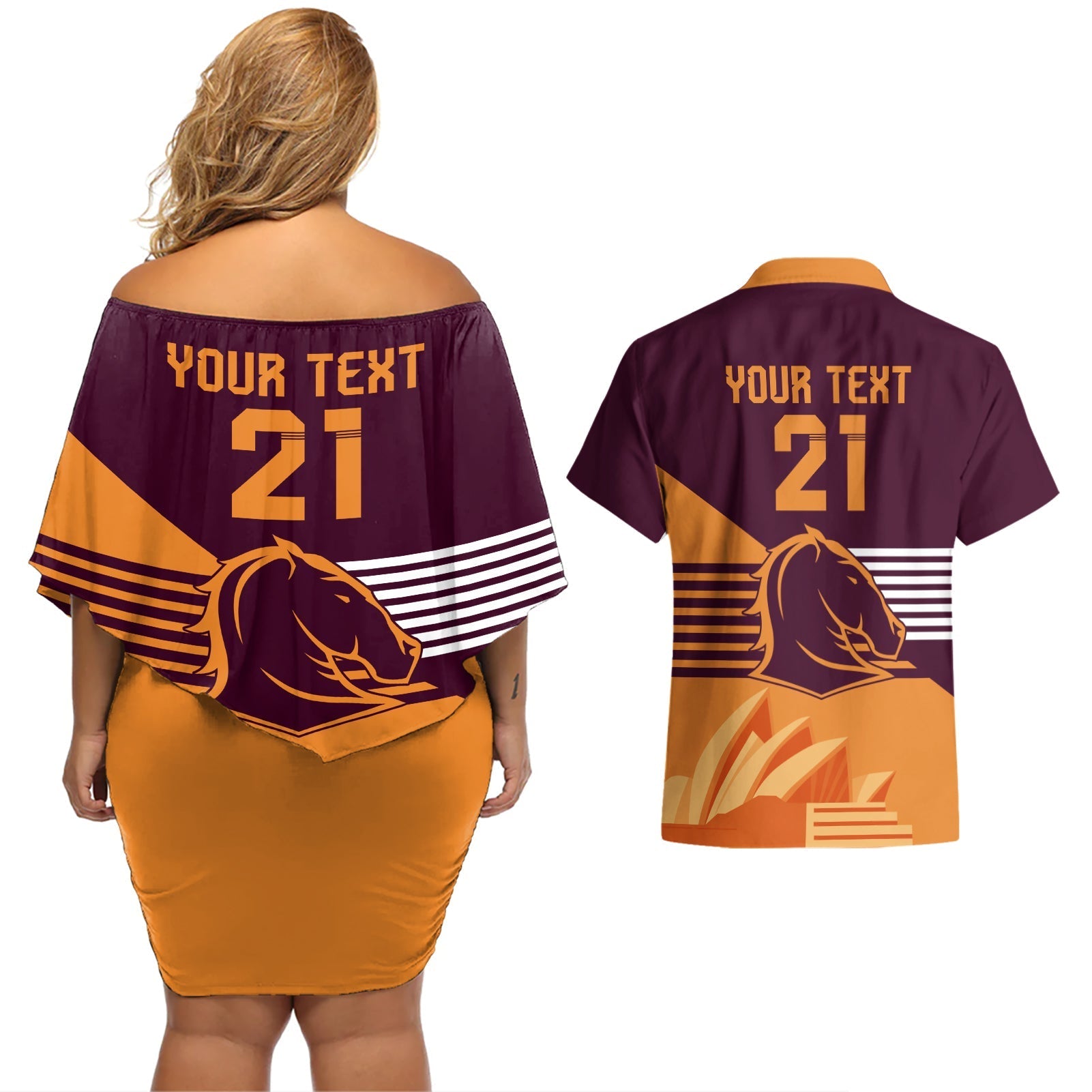 NRL Broncos Australia Day Custom Couples Matching Off Shoulder Short Dress and Hawaiian Shirt Sydney Opera House Style