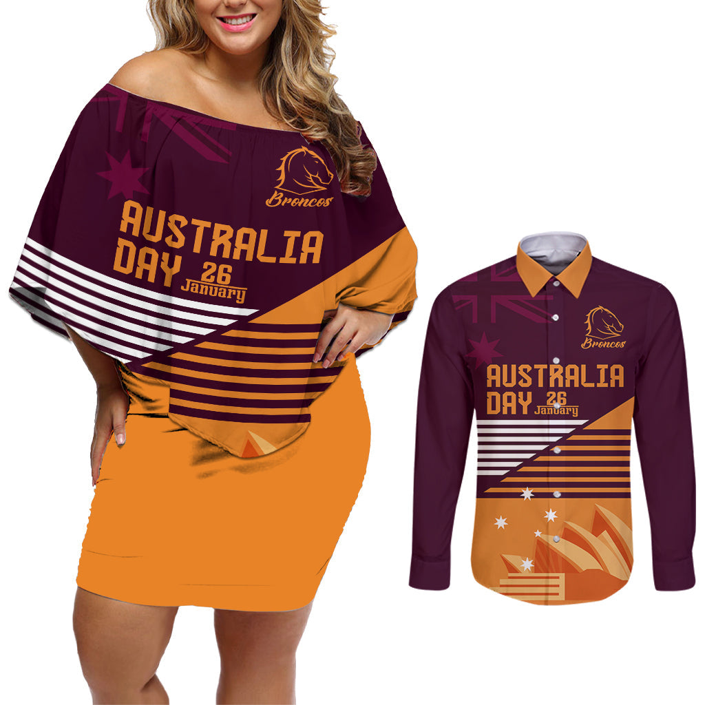 NRL Broncos Australia Day Custom Couples Matching Off Shoulder Short Dress and Long Sleeve Button Shirt Sydney Opera House Style