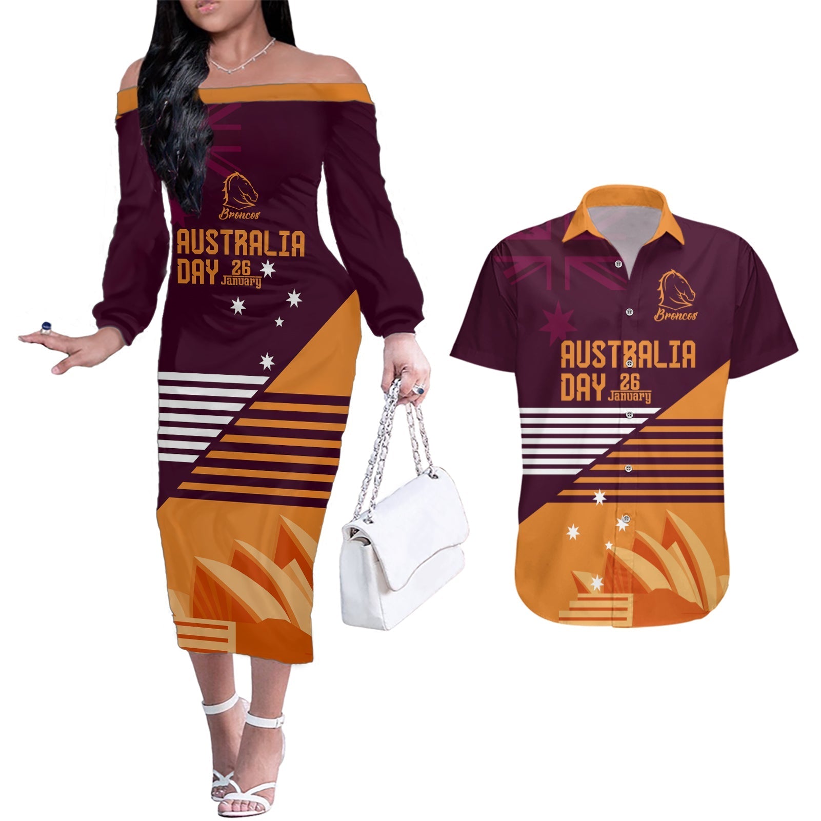 NRL Broncos Australia Day Custom Couples Matching Off The Shoulder Long Sleeve Dress and Hawaiian Shirt Sydney Opera House Style