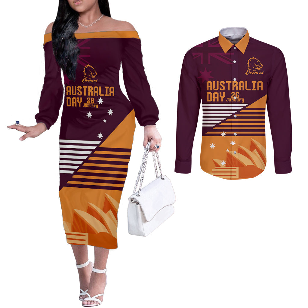 NRL Broncos Australia Day Custom Couples Matching Off The Shoulder Long Sleeve Dress and Long Sleeve Button Shirt Sydney Opera House Style