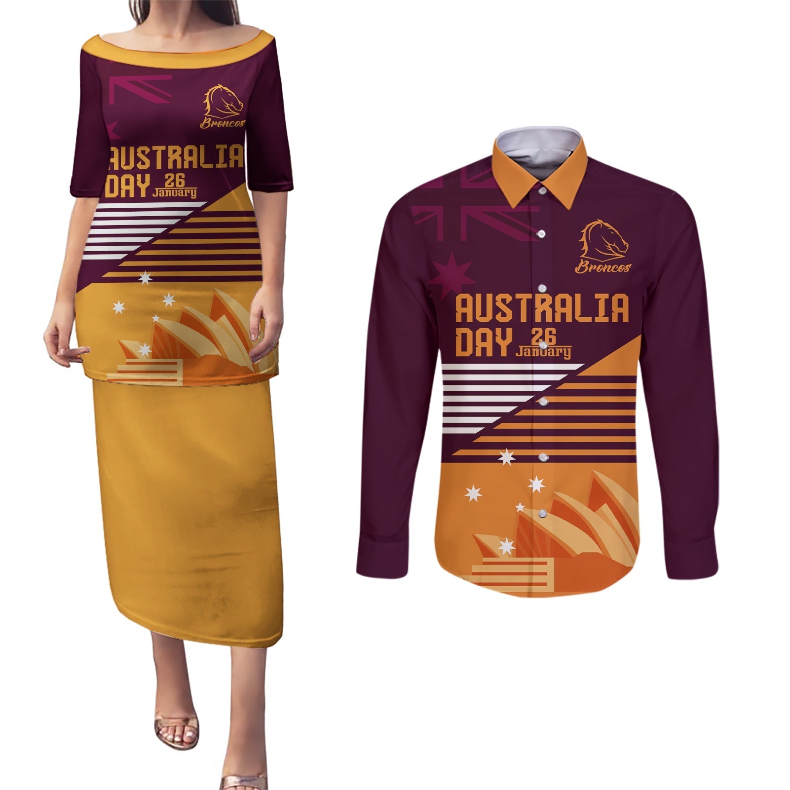 NRL Broncos Australia Day Custom Couples Matching Puletasi and Long Sleeve Button Shirt Sydney Opera House Style