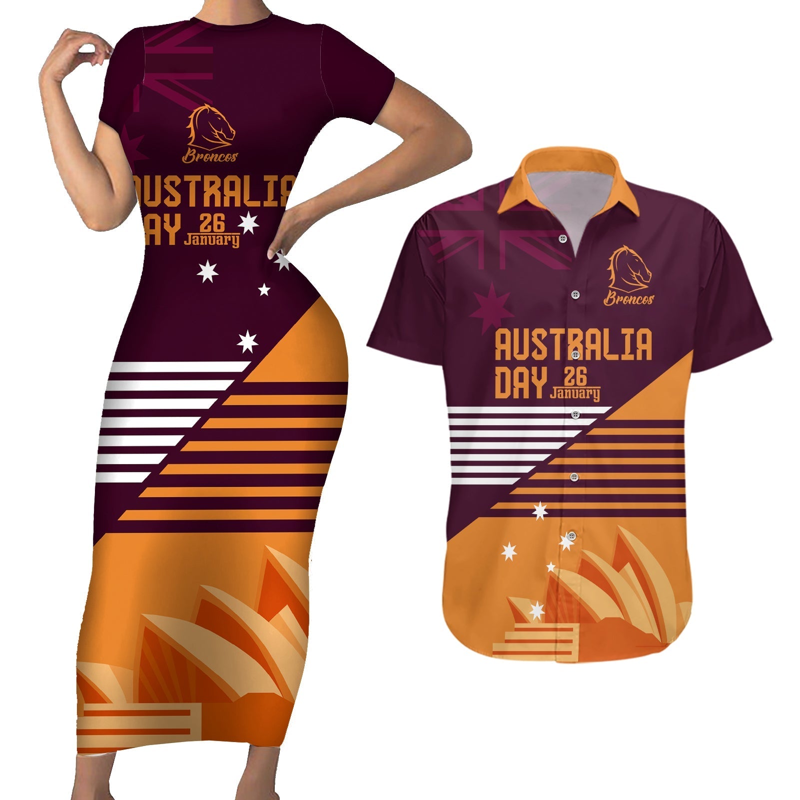 NRL Broncos Australia Day Custom Couples Matching Short Sleeve Bodycon Dress and Hawaiian Shirt Sydney Opera House Style