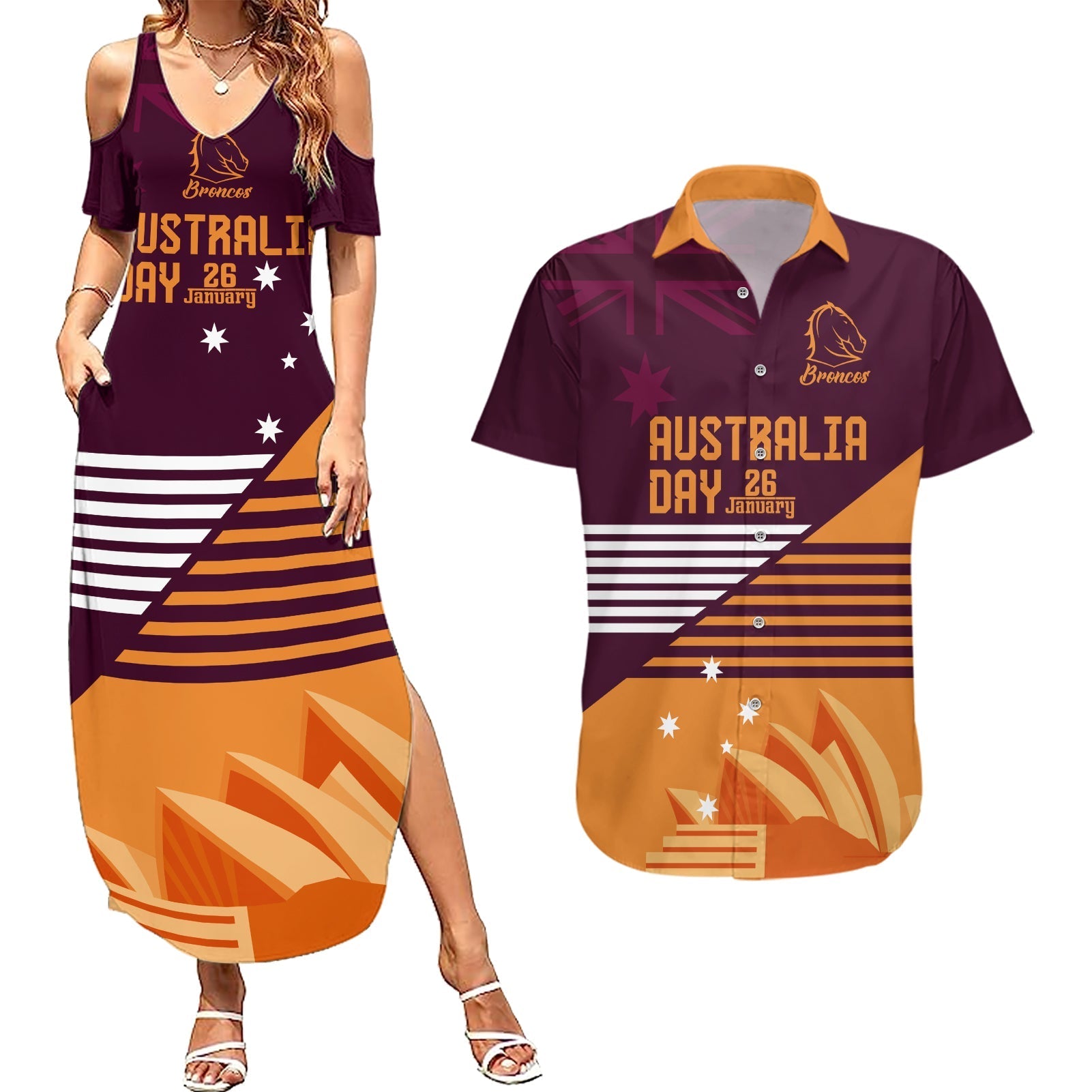 NRL Broncos Australia Day Custom Couples Matching Summer Maxi Dress and Hawaiian Shirt Sydney Opera House Style