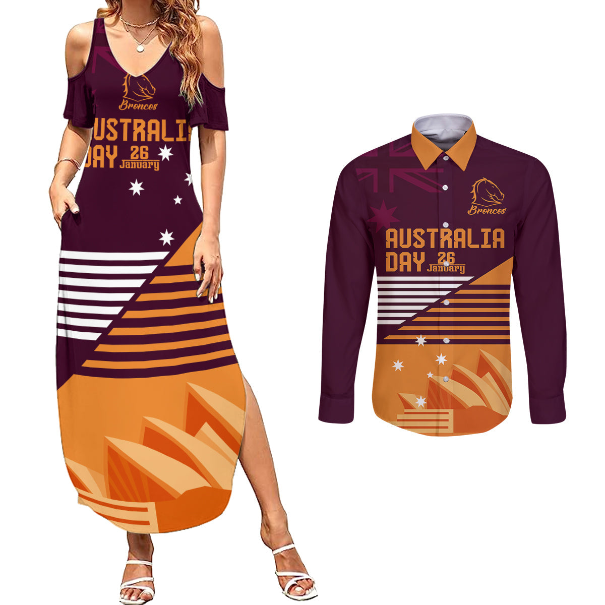 NRL Broncos Australia Day Custom Couples Matching Summer Maxi Dress and Long Sleeve Button Shirt Sydney Opera House Style