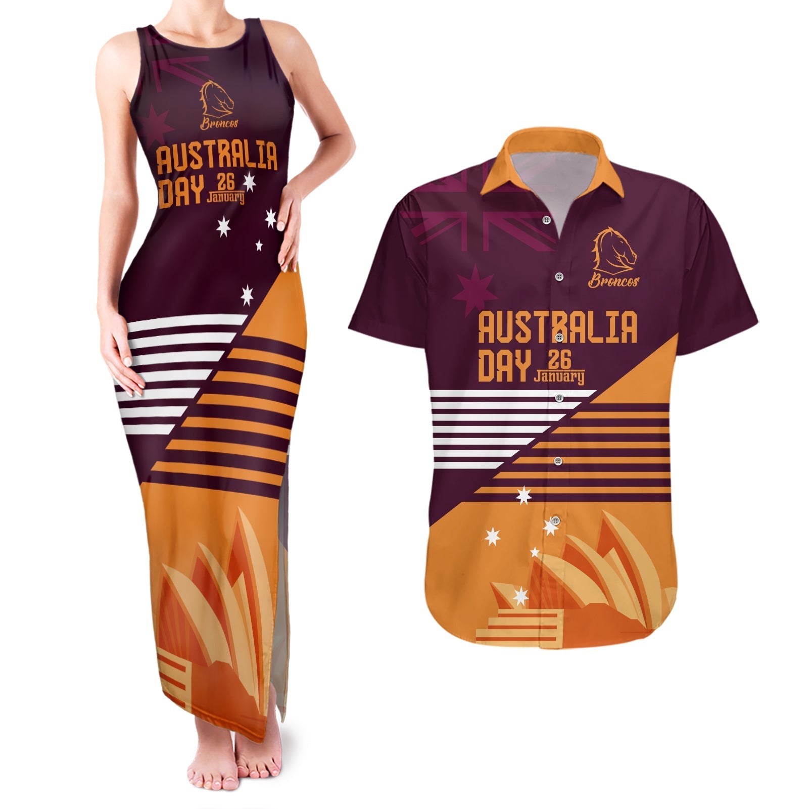 NRL Broncos Australia Day Custom Couples Matching Tank Maxi Dress and Hawaiian Shirt Sydney Opera House Style