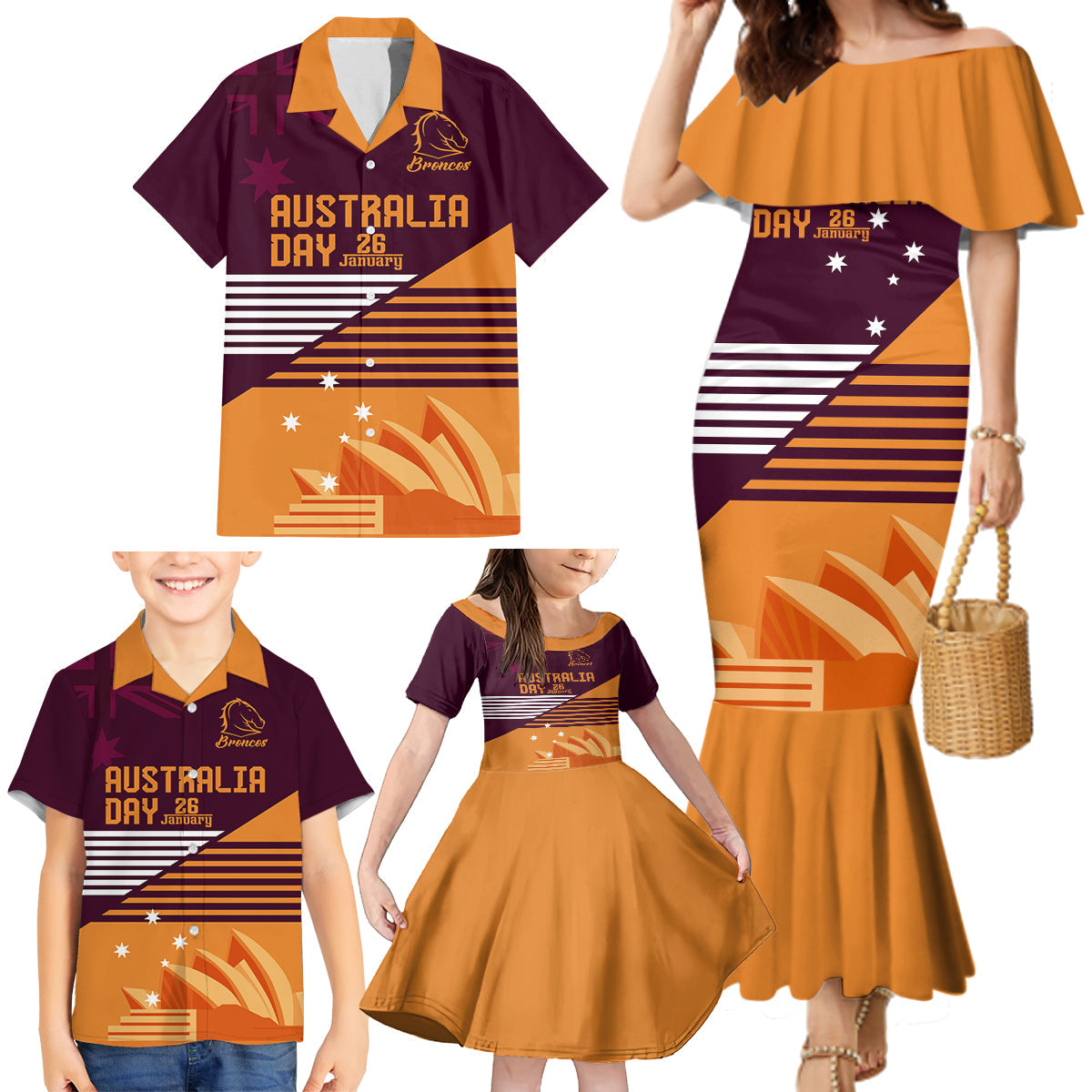 NRL Broncos Australia Day Custom Family Matching Mermaid Dress and Hawaiian Shirt Sydney Opera House Style