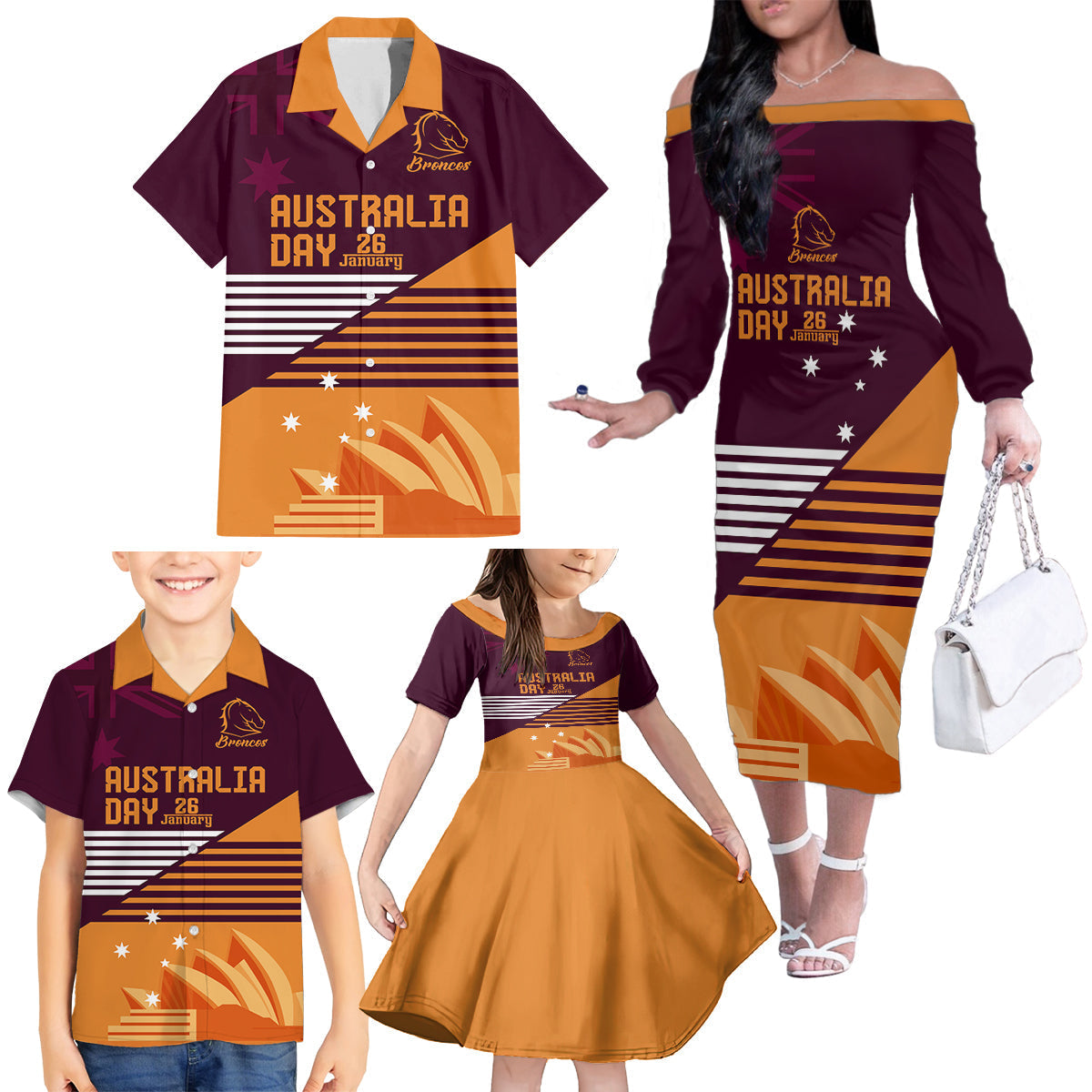 NRL Broncos Australia Day Custom Family Matching Off Shoulder Long Sleeve Dress and Hawaiian Shirt Sydney Opera House Style