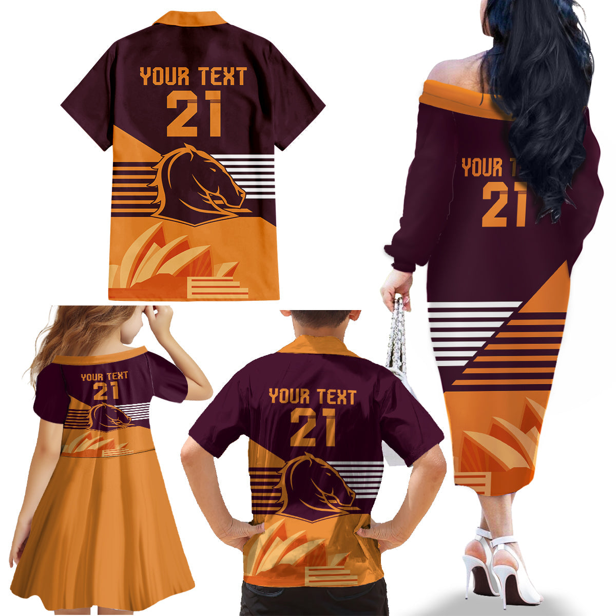 NRL Broncos Australia Day Custom Family Matching Off Shoulder Long Sleeve Dress and Hawaiian Shirt Sydney Opera House Style