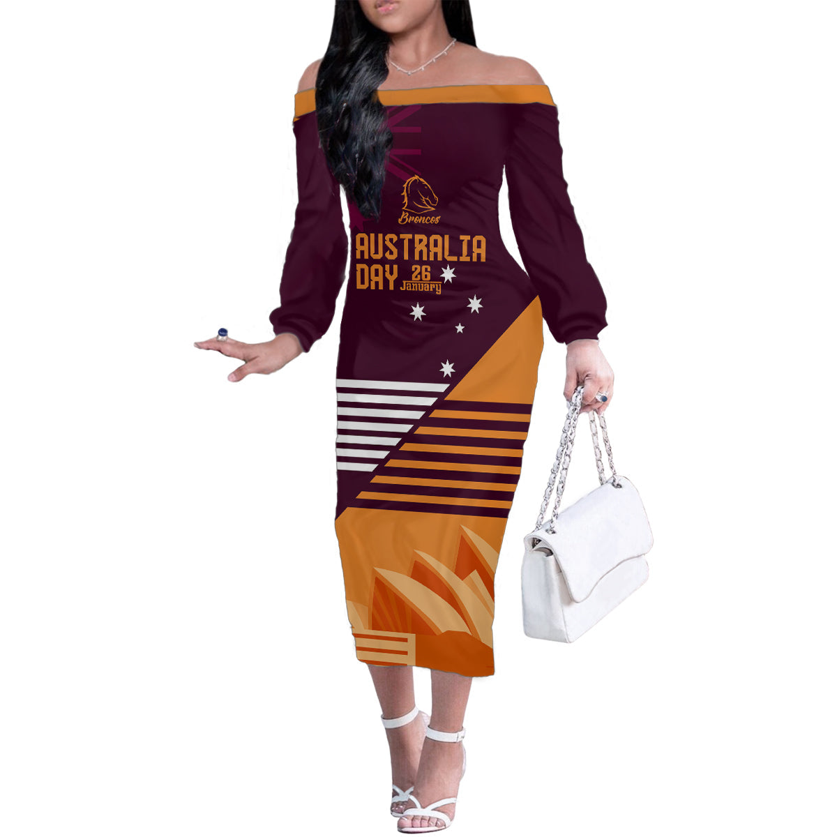 NRL Broncos Australia Day Custom Family Matching Off Shoulder Long Sleeve Dress and Hawaiian Shirt Sydney Opera House Style