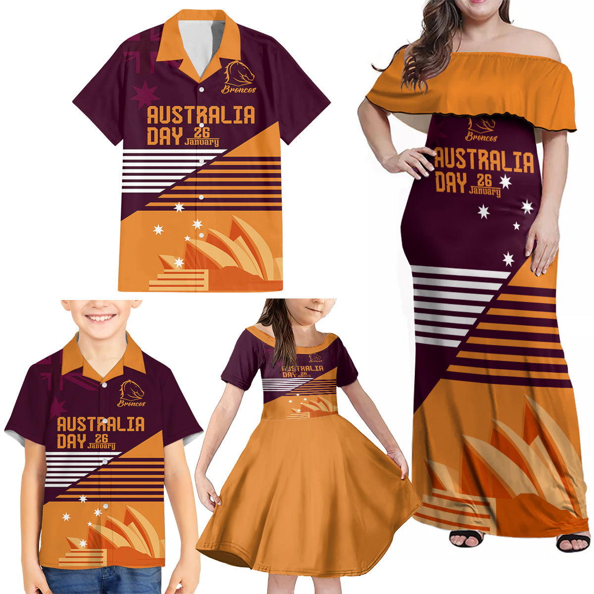 NRL Broncos Australia Day Custom Family Matching Off Shoulder Maxi Dress and Hawaiian Shirt Sydney Opera House Style