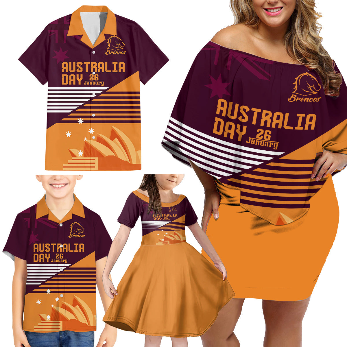 NRL Broncos Australia Day Custom Family Matching Off Shoulder Short Dress and Hawaiian Shirt Sydney Opera House Style