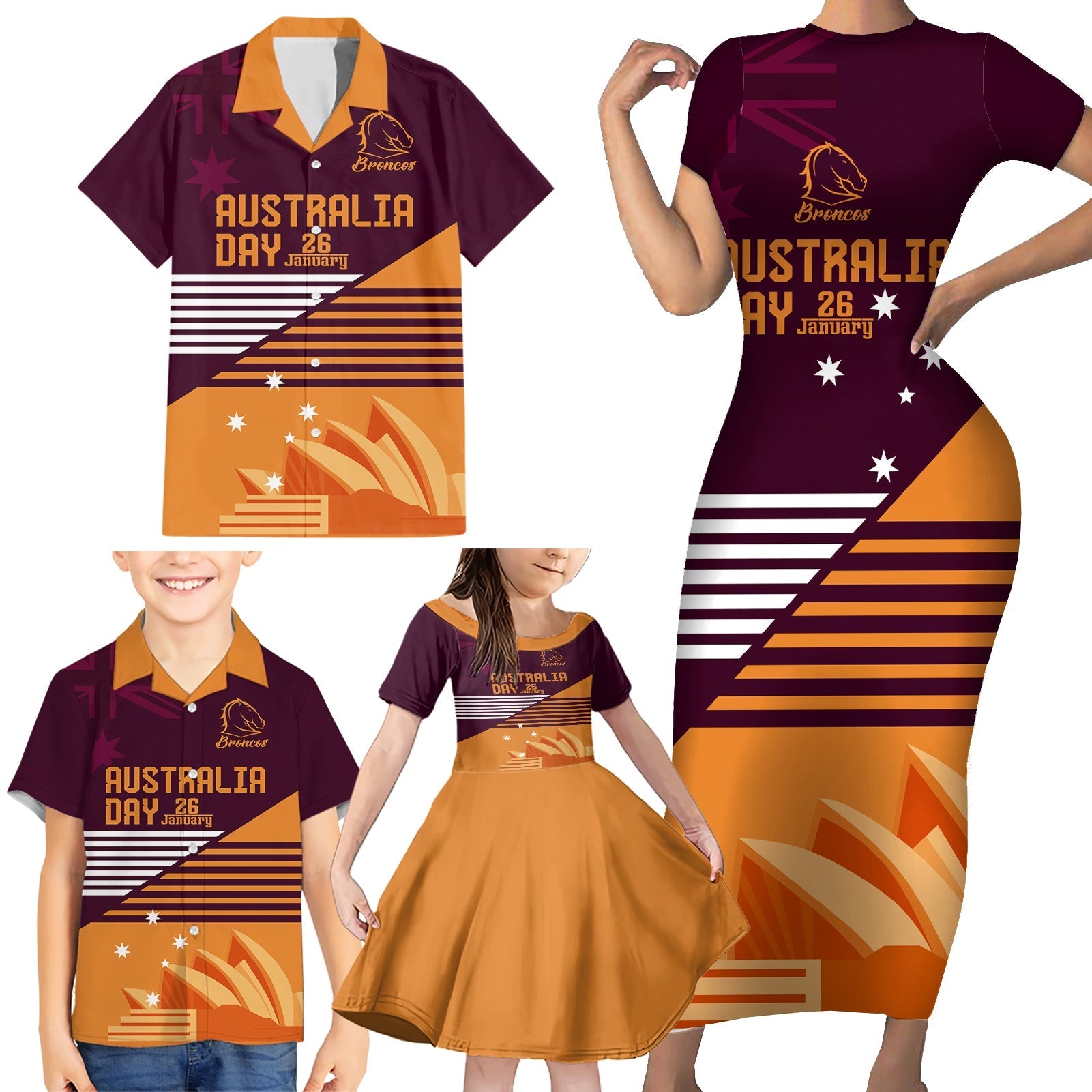 NRL Broncos Australia Day Custom Family Matching Short Sleeve Bodycon Dress and Hawaiian Shirt Sydney Opera House Style