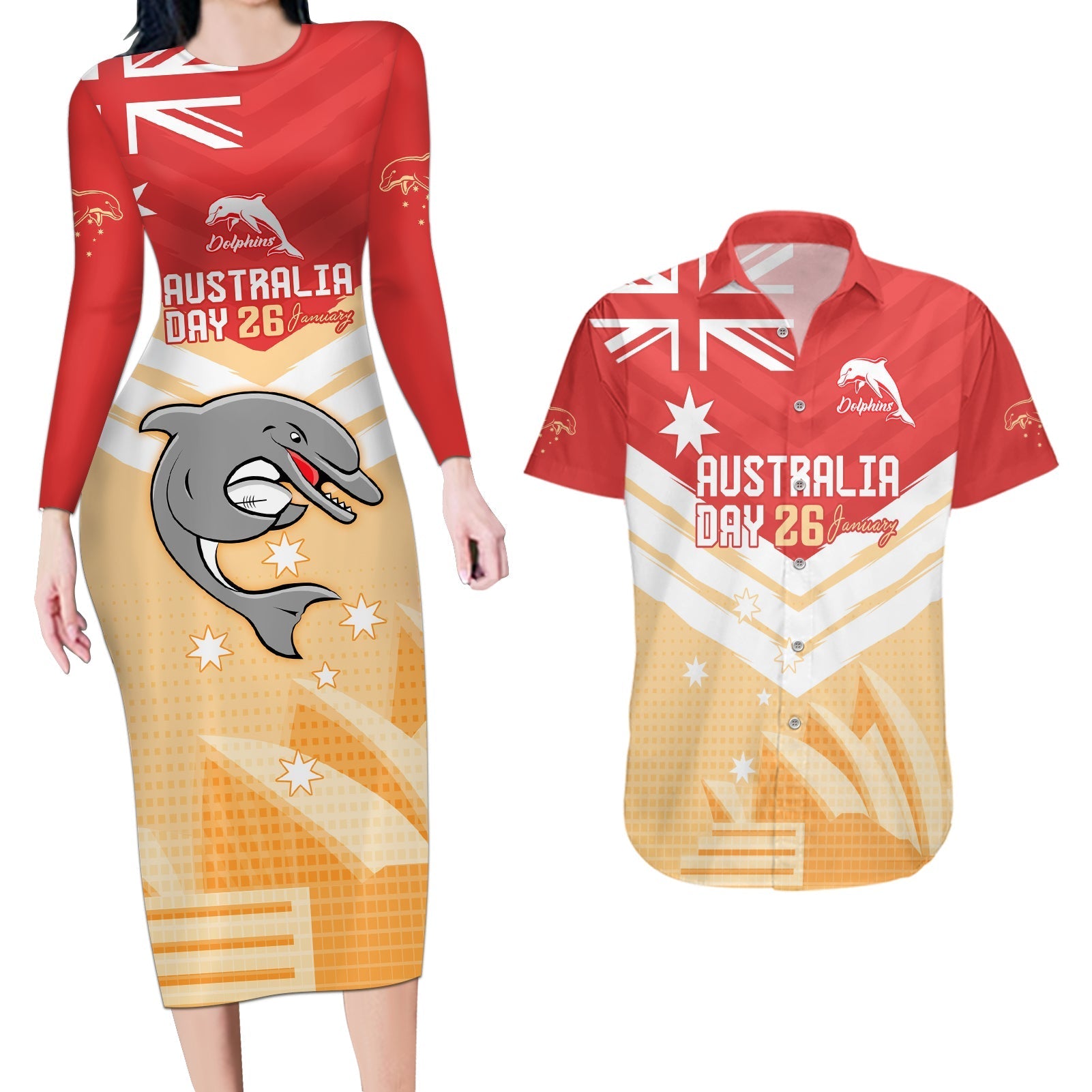 NRL Dolphins Australia Day Custom Couples Matching Long Sleeve Bodycon Dress and Hawaiian Shirt Sydney Opera House Style