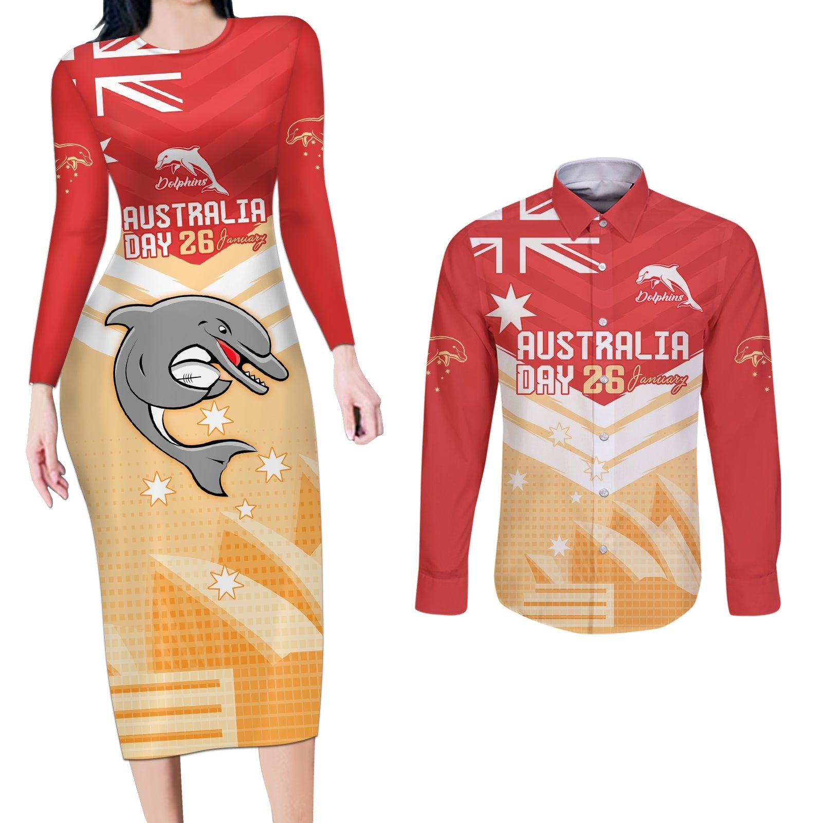 NRL Dolphins Australia Day Custom Couples Matching Long Sleeve Bodycon Dress and Long Sleeve Button Shirt Sydney Opera House Style