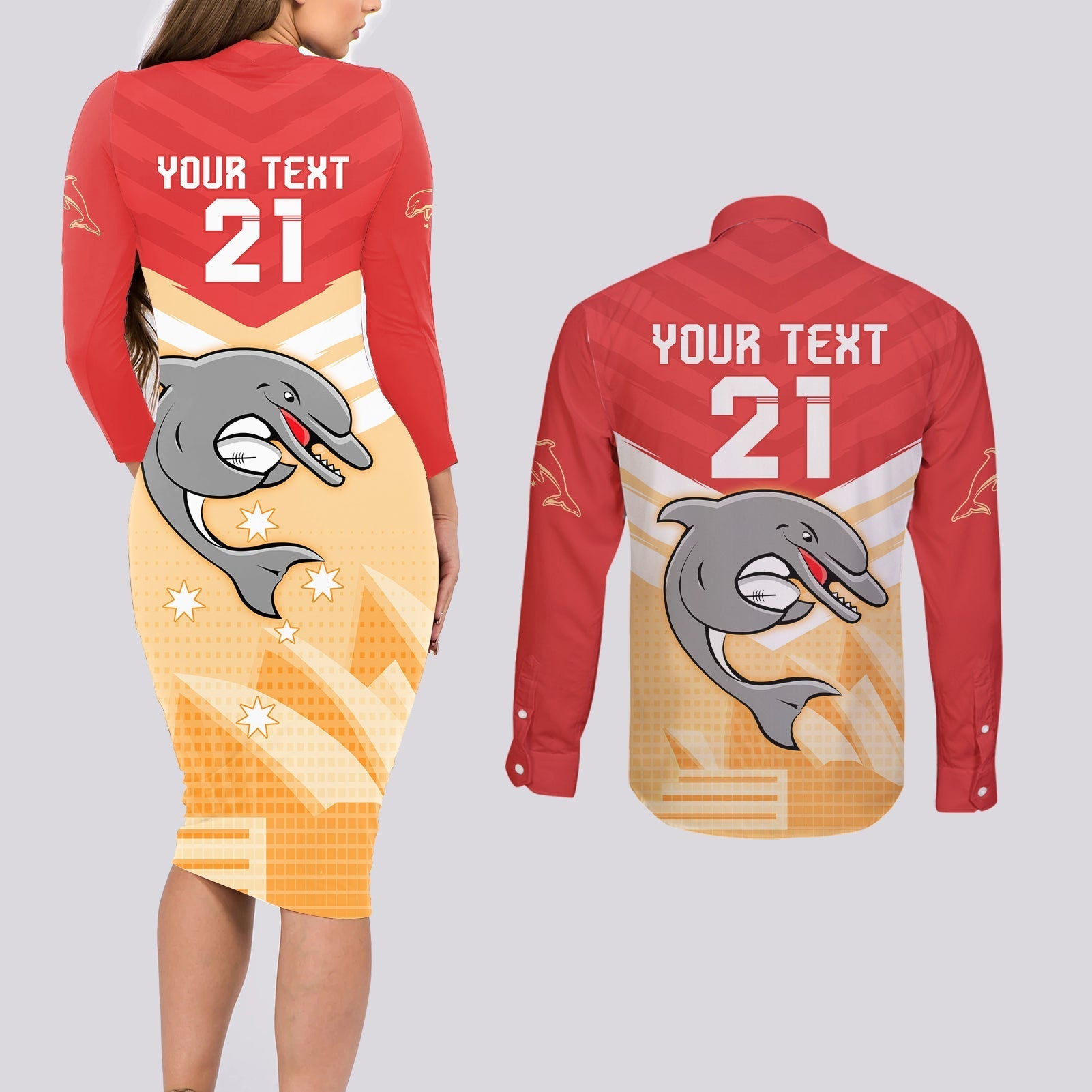 NRL Dolphins Australia Day Custom Couples Matching Long Sleeve Bodycon Dress and Long Sleeve Button Shirt Sydney Opera House Style