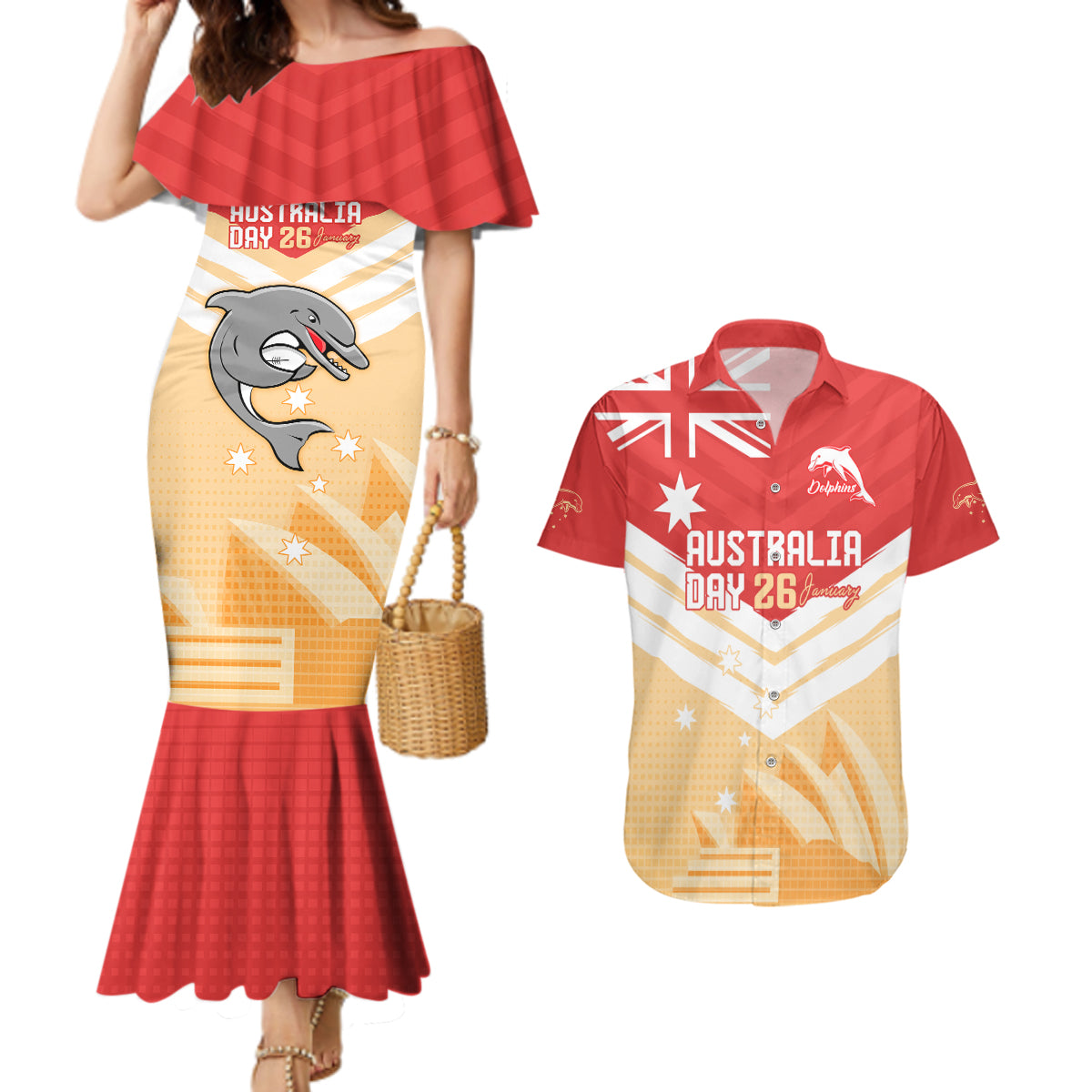 NRL Dolphins Australia Day Custom Couples Matching Mermaid Dress and Hawaiian Shirt Sydney Opera House Style