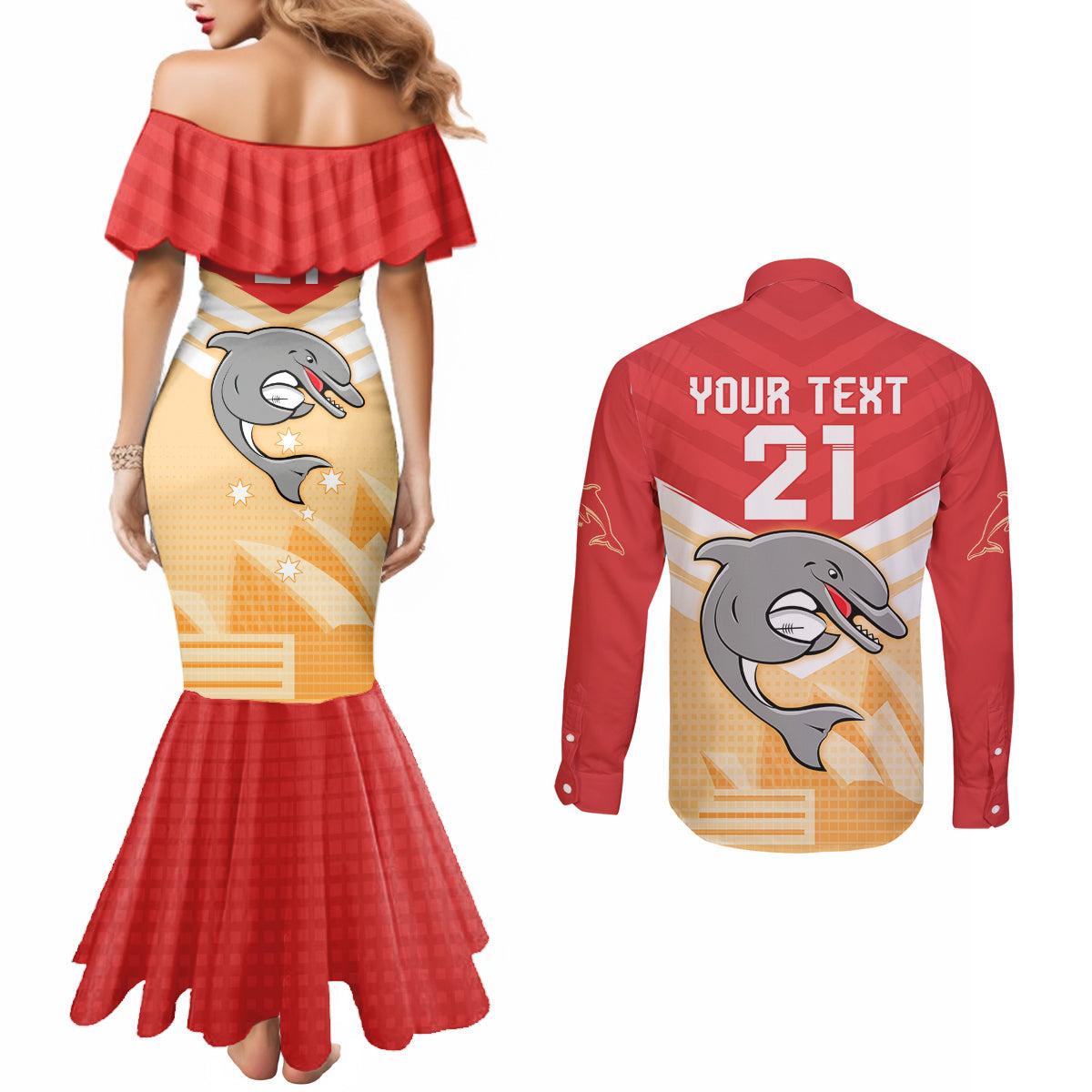 NRL Dolphins Australia Day Custom Couples Matching Mermaid Dress and Long Sleeve Button Shirt Sydney Opera House Style