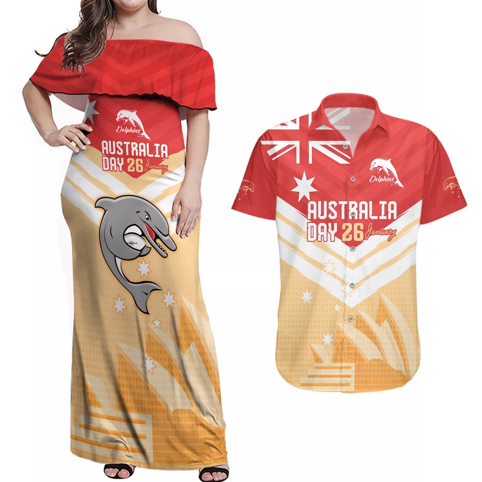 NRL Dolphins Australia Day Custom Couples Matching Off Shoulder Maxi Dress and Hawaiian Shirt Sydney Opera House Style