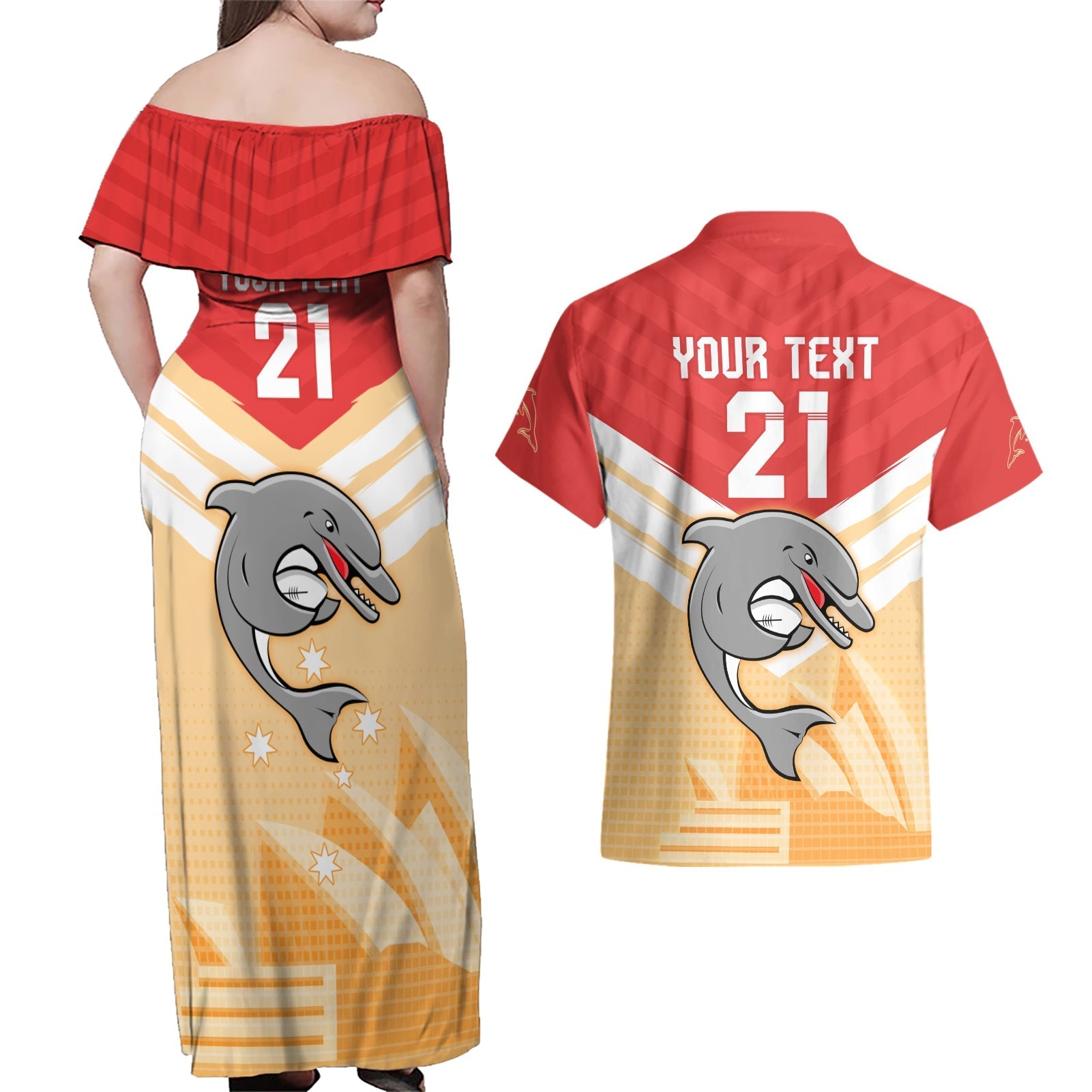 NRL Dolphins Australia Day Custom Couples Matching Off Shoulder Maxi Dress and Hawaiian Shirt Sydney Opera House Style