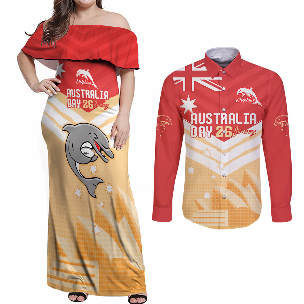 NRL Dolphins Australia Day Custom Couples Matching Off Shoulder Maxi Dress and Long Sleeve Button Shirt Sydney Opera House Style