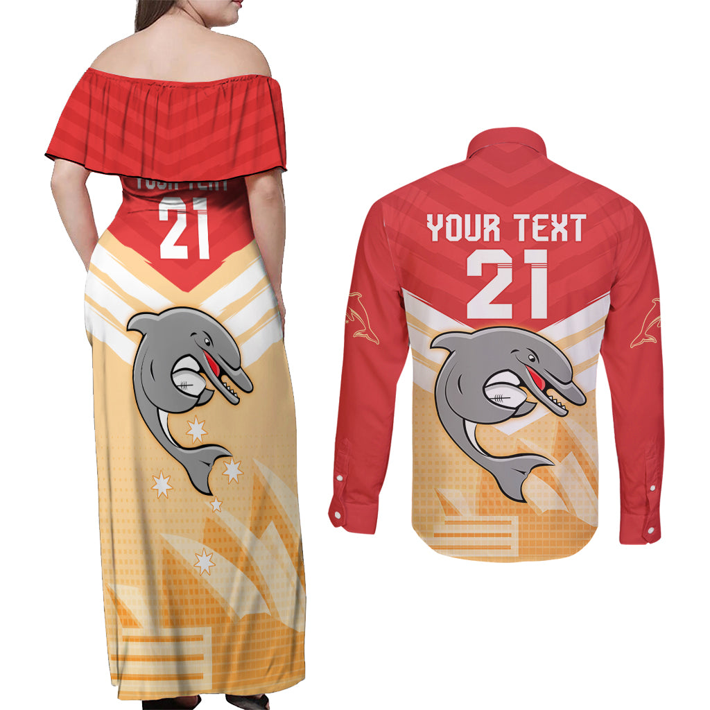 NRL Dolphins Australia Day Custom Couples Matching Off Shoulder Maxi Dress and Long Sleeve Button Shirt Sydney Opera House Style